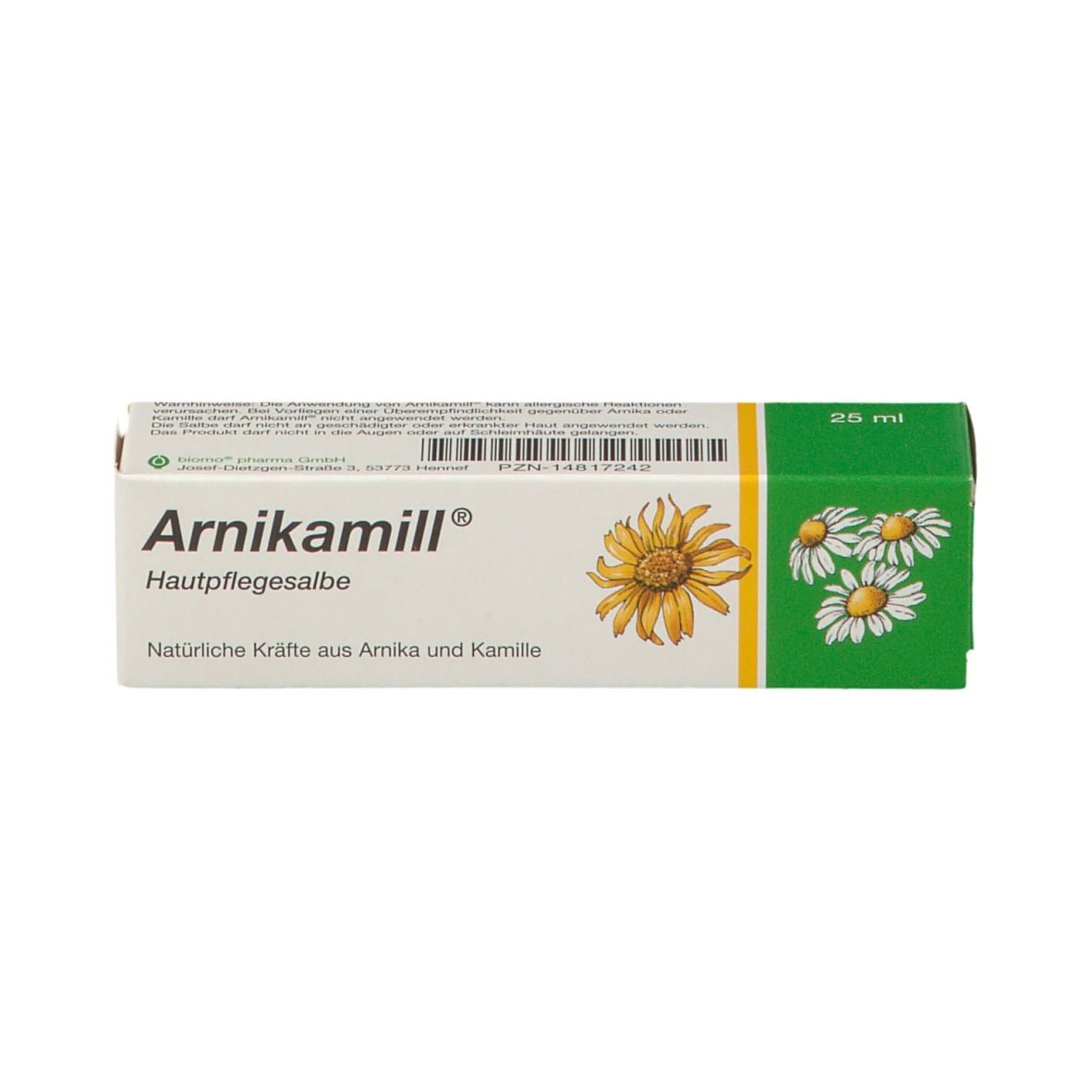 Boîte Arnikamill® Hautpflegesalbe. Blanche avec nom du produit, fleur de camomille et 25 ml.