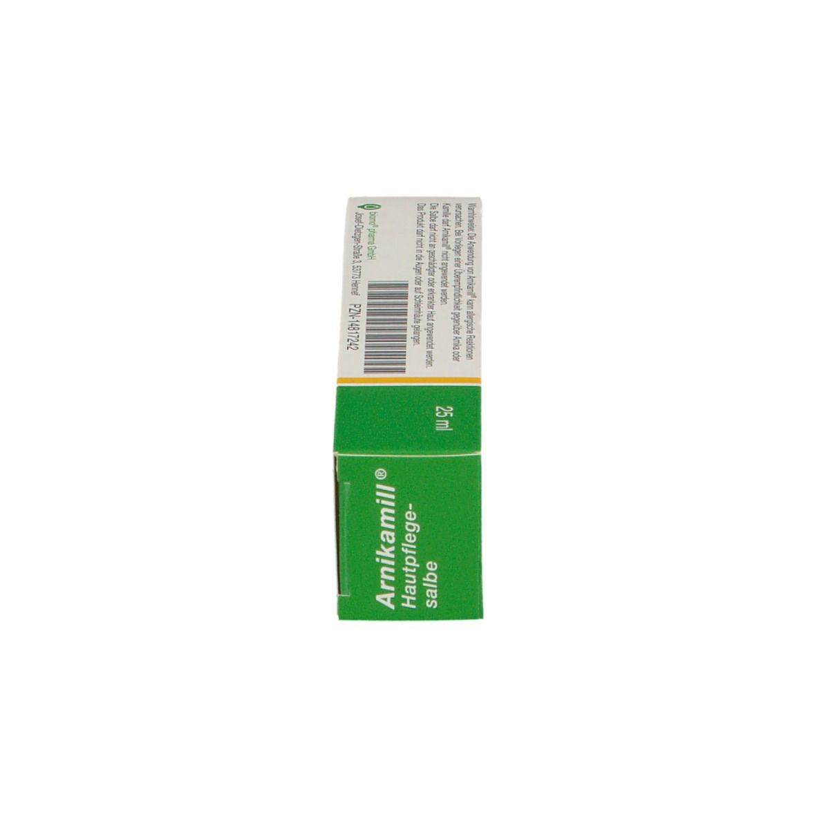 Vue latérale de la boîte Arnikamill® Hautpflegesalbe. Vert avec texte et code-barres. 25 ml.