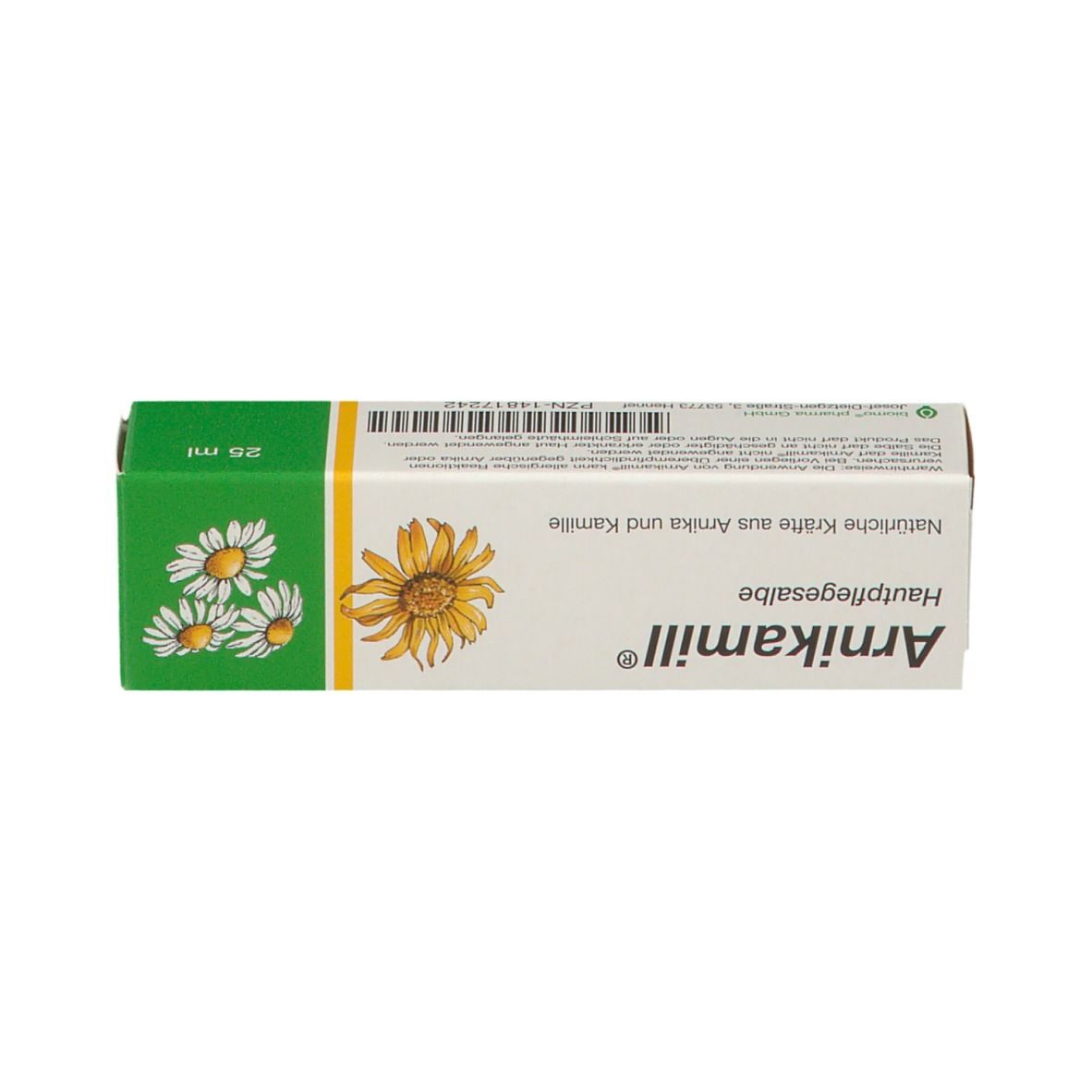 Boîte Arnikamill® Hautpflegesalbe. Dessus avec nom du produit, fleurs de camomille et 25 ml.
