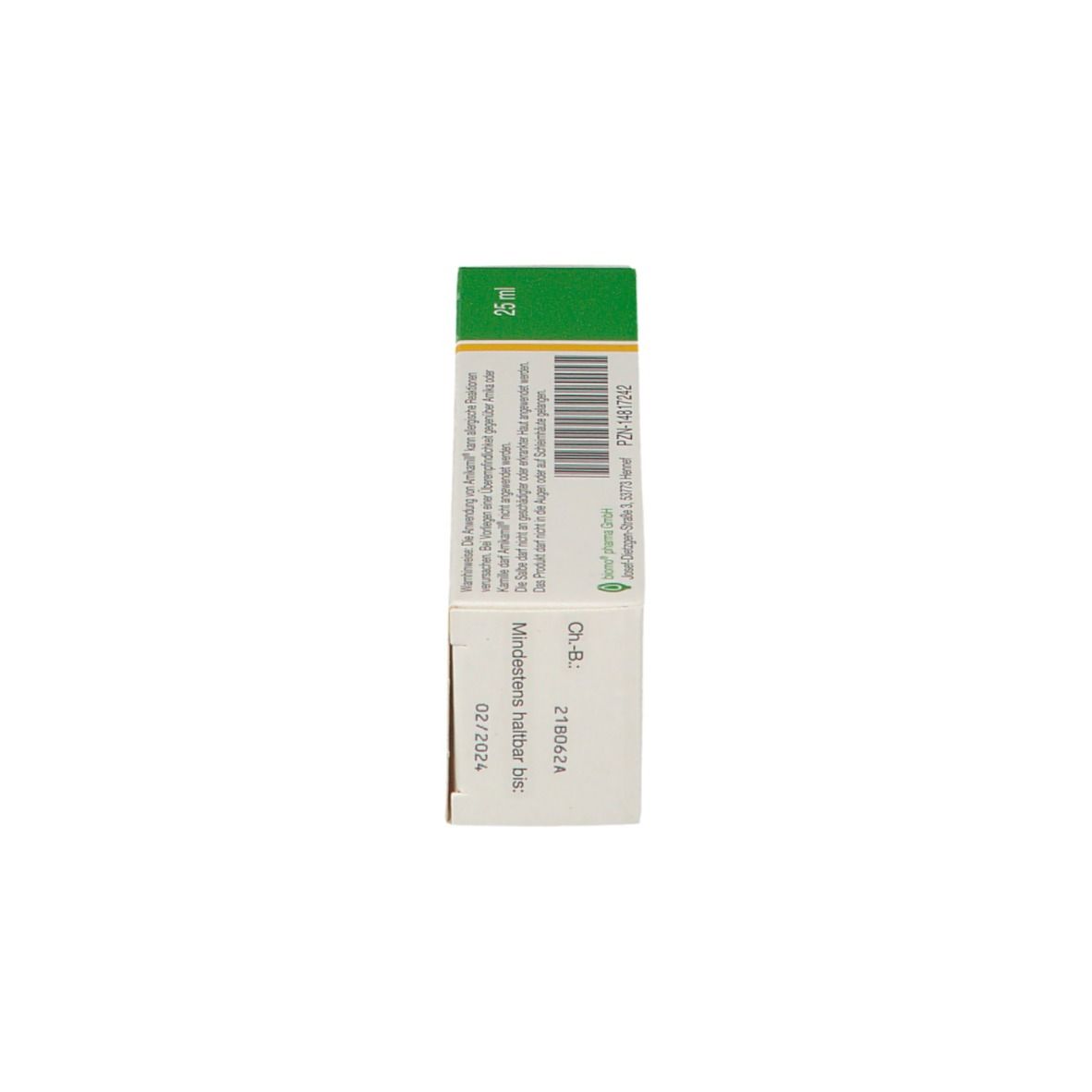 Vue latérale de la boîte Arnikamill® Hautpflegesalbe. Vert avec texte et code-barres. Date de péremption.