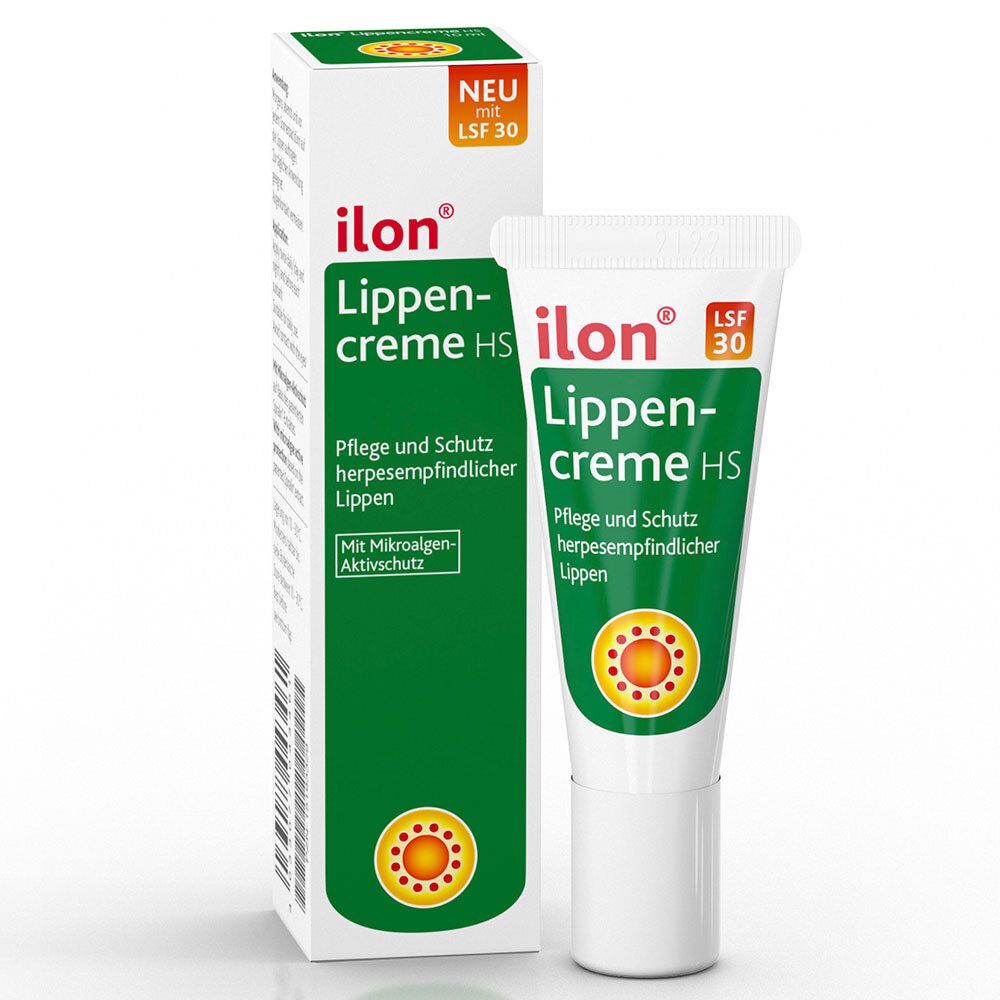 Tube et boîte de ilon® Lippencreme HS. Tube blanc, boîte verte. Inscription : LSF 30, Soin et protection des lèvres sensibles à l'herpès.