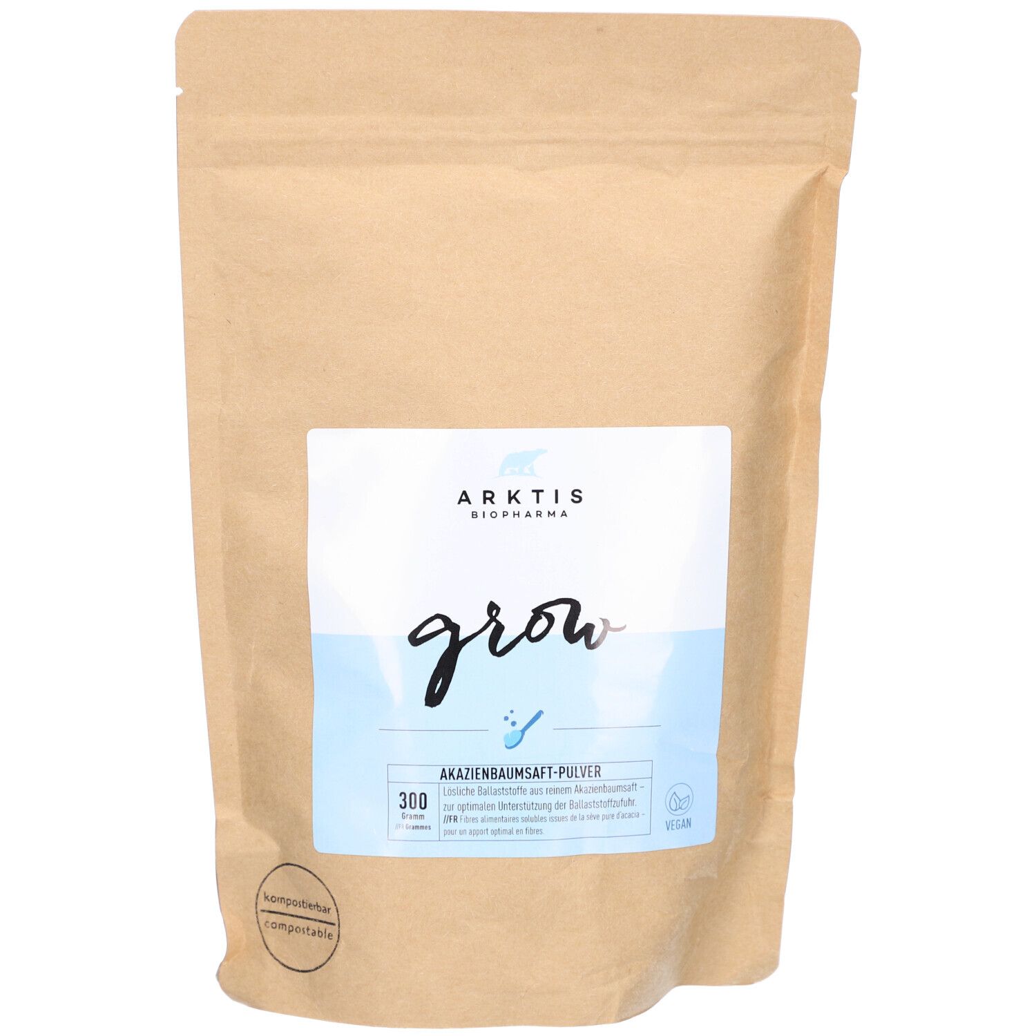 Sachet avec étiquette produit. Inscription: grow, poudre de sève d'acacia. Emballage en papier brun avec étiquette bleue.