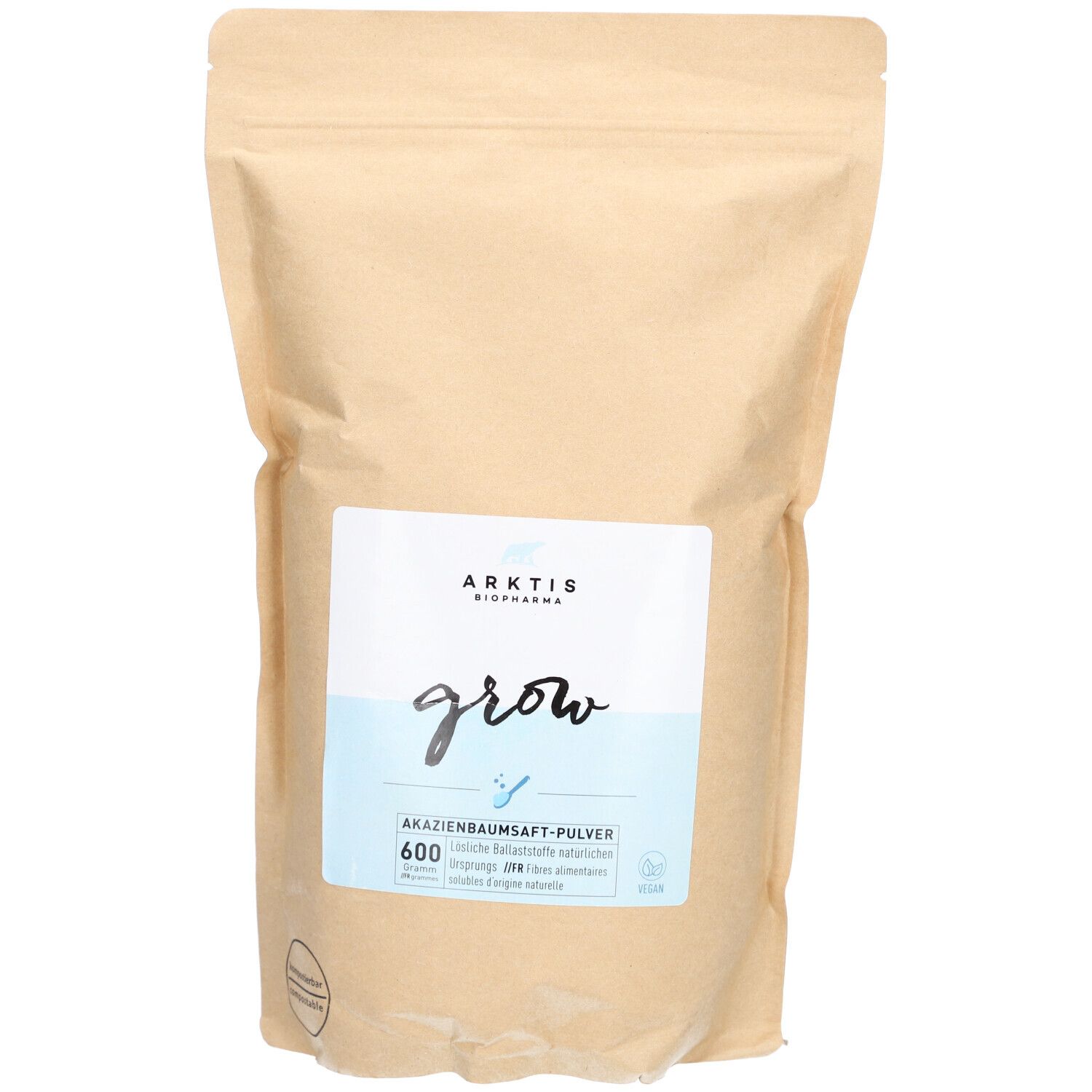Sachet avec le nom du produit 'grow'. Impression: Poudre de sève d'acacia, 600. Logo du fabricant.