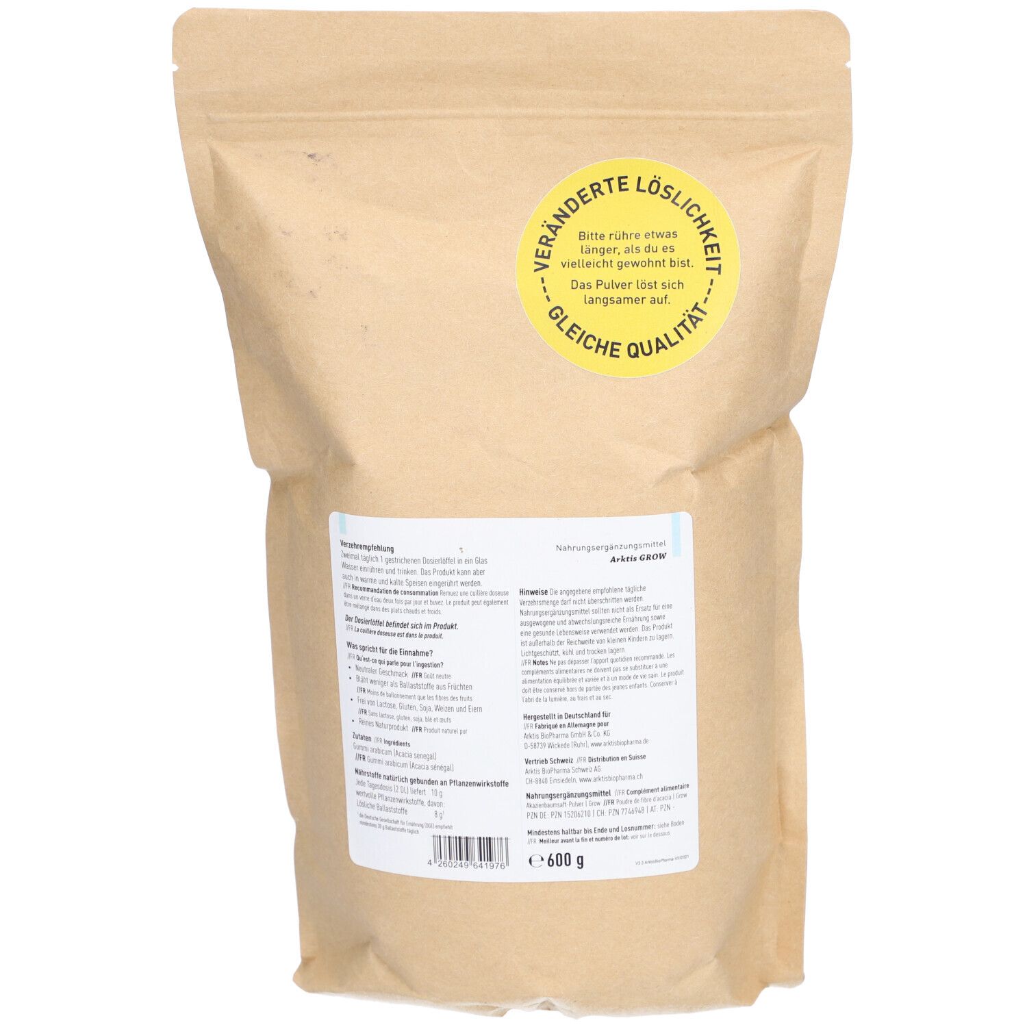 Dos du sachet. Impression: informations, autocollant jaune avec texte. Poids: 600 g.