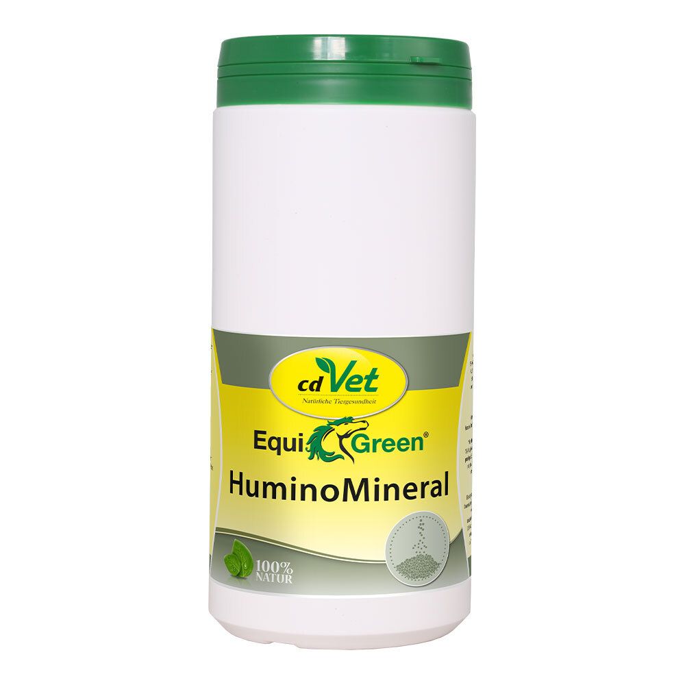 Boîte blanche avec couvercle vert, étiquette "cd Vet EquiGreen HuminoMineral" et "100% Naturel".