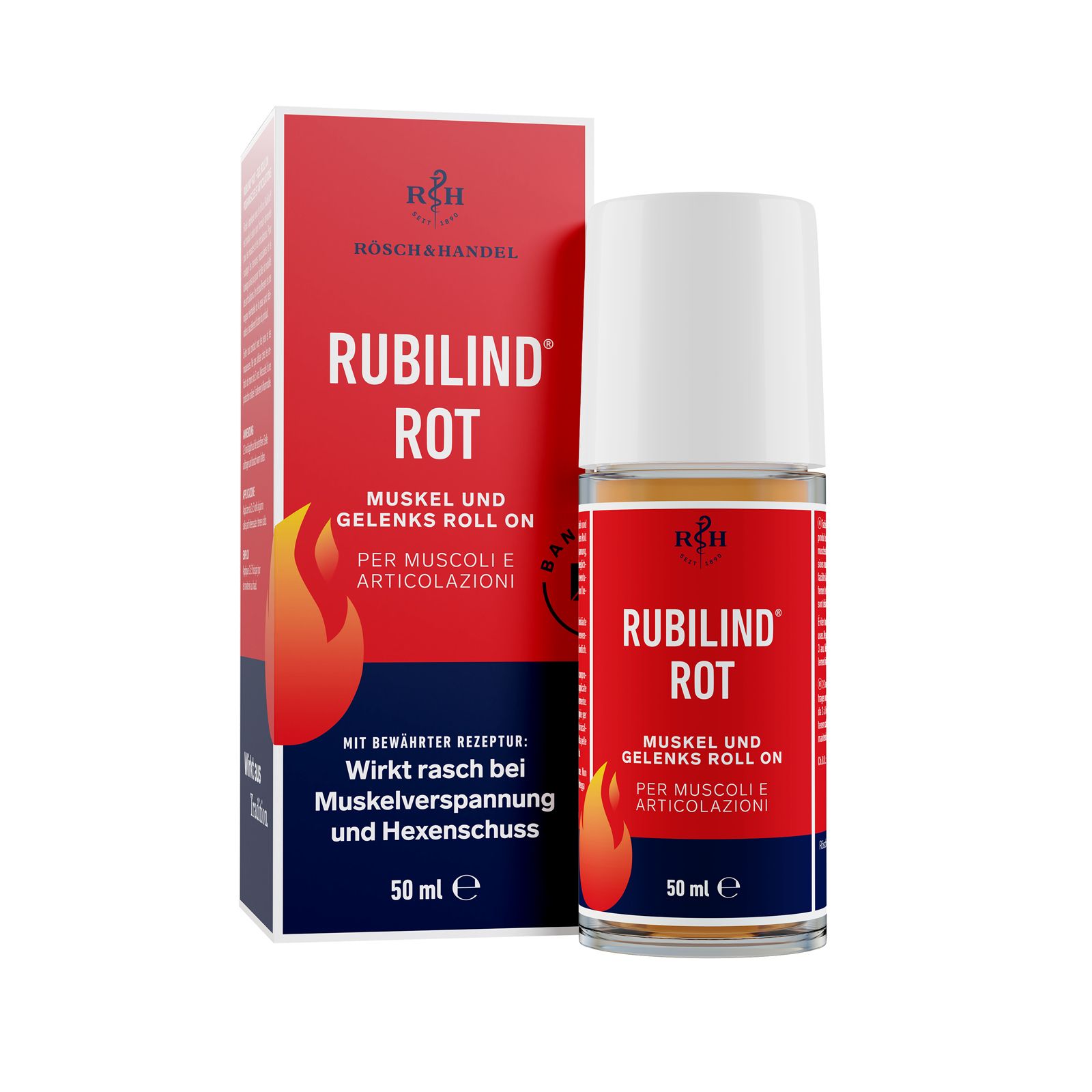 Roll-on RUBILIND® Rot. Flacon et emballage rouges. Texte: Muskel und Gelenks Roll-on. 50 ml.