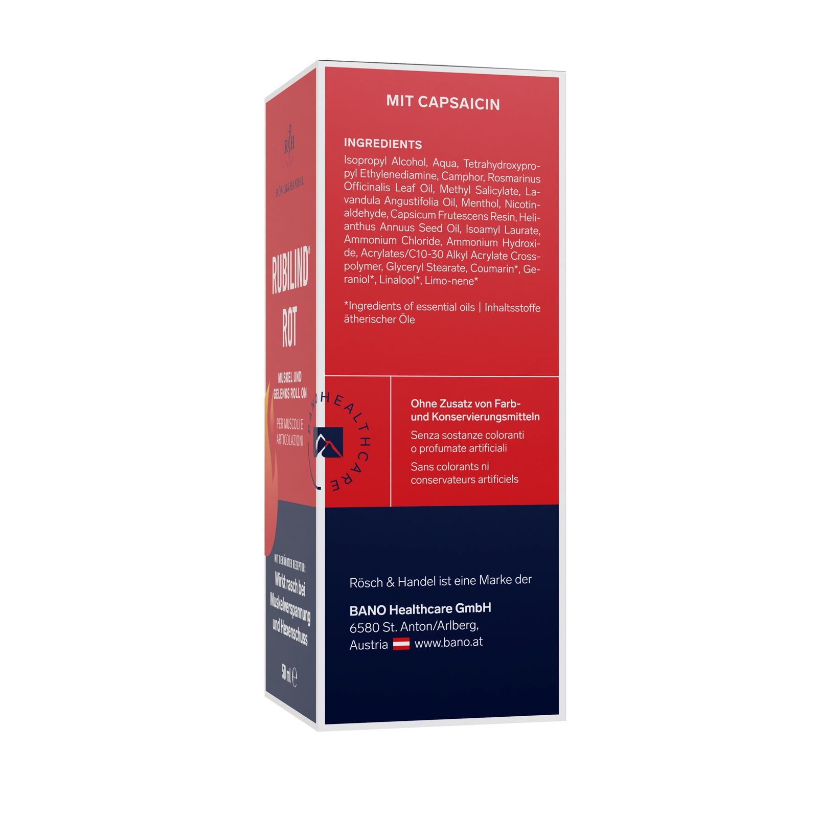 Dos de l'emballage RUBILIND® Rot. Texte: Ingrédients, sans colorants ni conservateurs. RÖSCH & Handel.