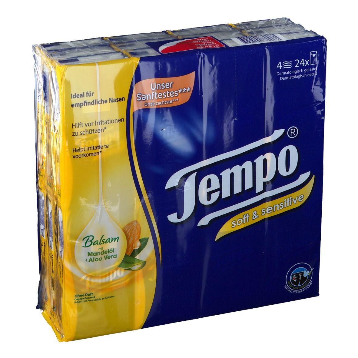 Paquet de mouchoirs Tempo soft & sensitive. Emballage bleu avec des accents jaunes. Contient 4 x 24 mouchoirs.