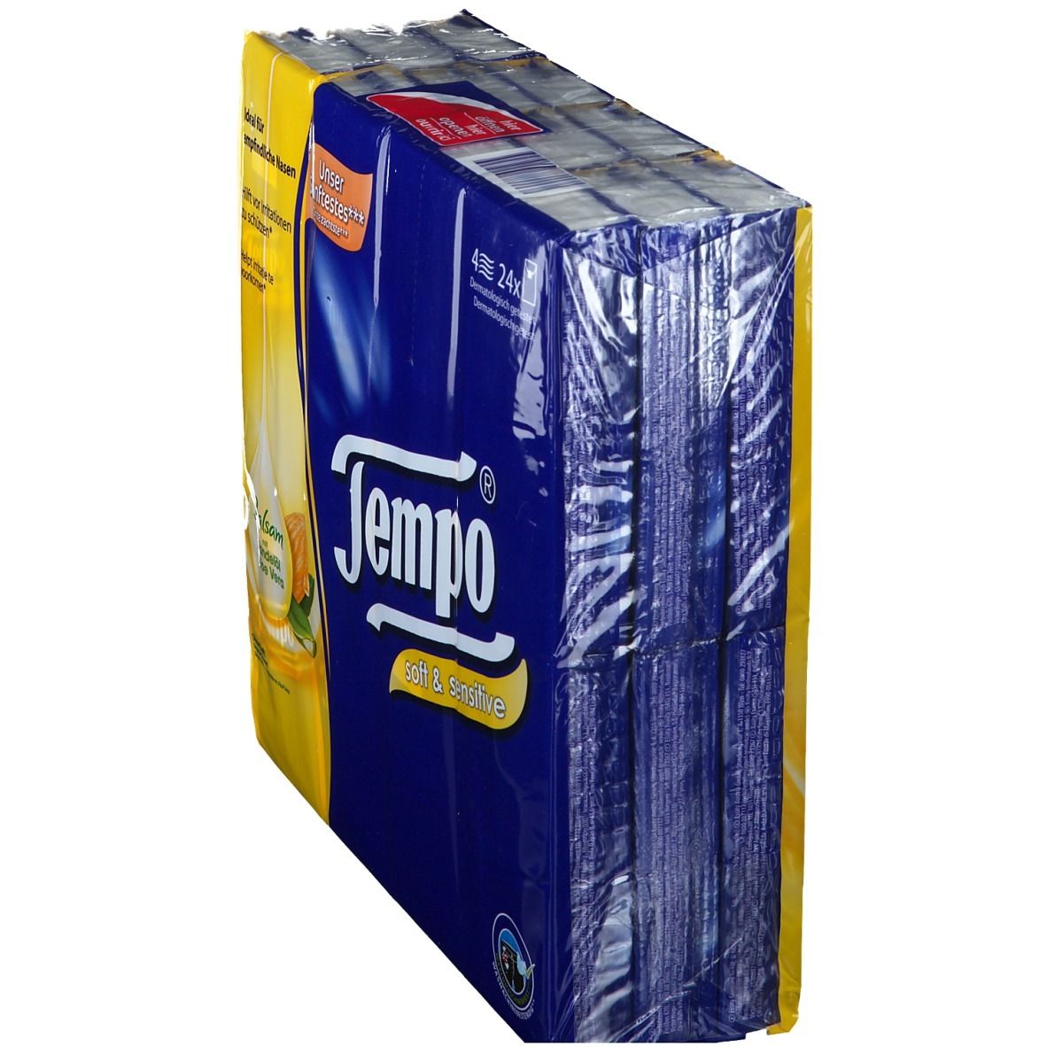 Paquet de mouchoirs Tempo soft & sensitive. Emballage bleu avec des accents jaunes. Contient 4 x 24 mouchoirs.