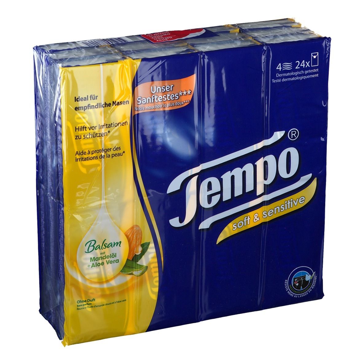Paquet de mouchoirs Tempo soft & sensitive. Emballage bleu avec des accents jaunes. Contient 4 x 24 mouchoirs.