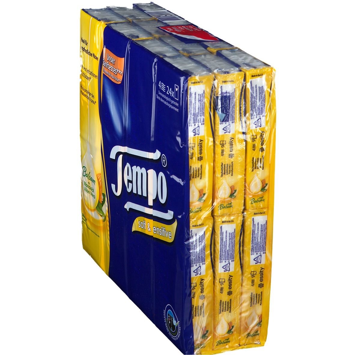 Paquet de mouchoirs Tempo soft & sensitive. Emballage bleu avec des accents jaunes. Contient 4 x 24 mouchoirs.