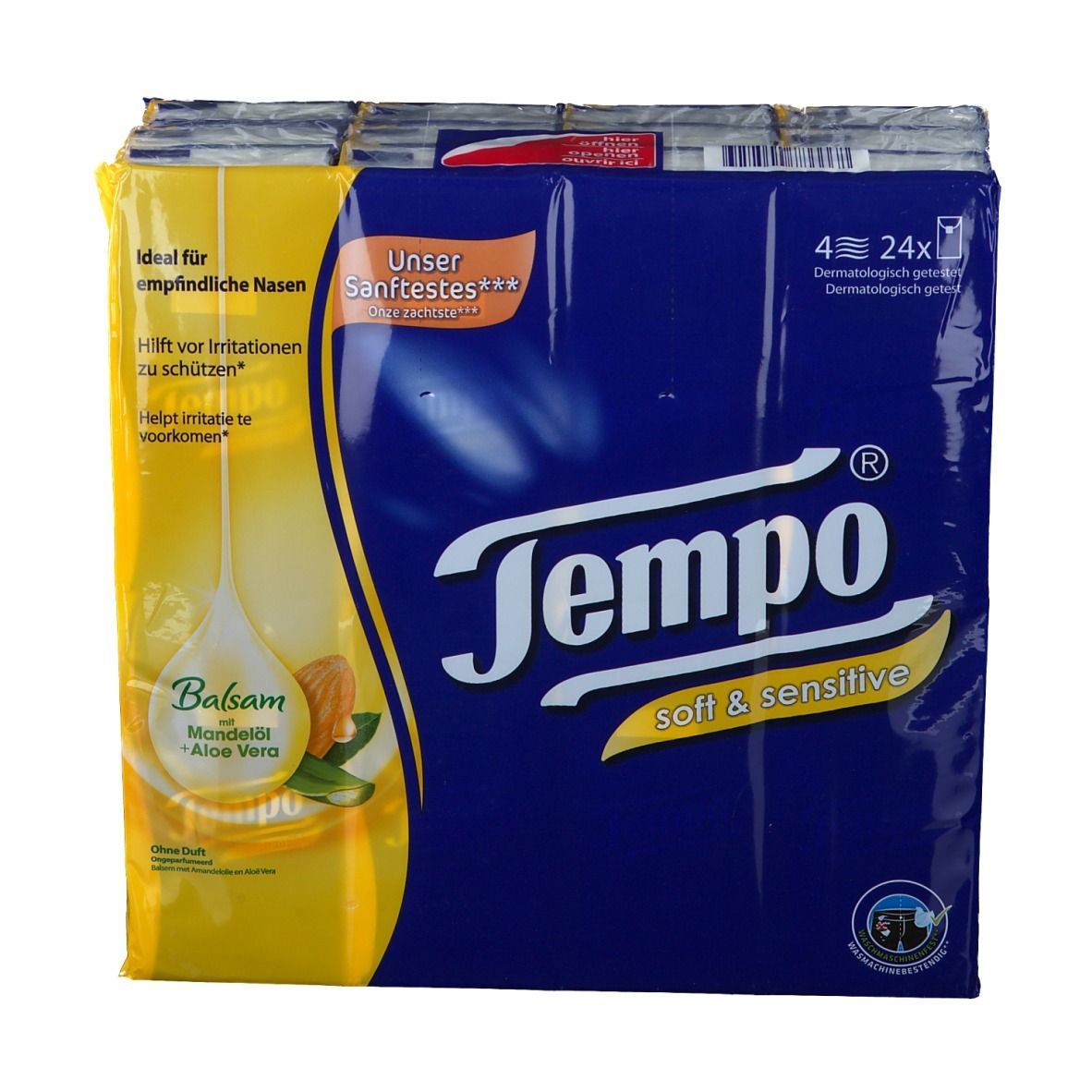 Paquet de mouchoirs Tempo soft & sensitive. Emballage bleu avec des accents jaunes. Contient 4 x 24 mouchoirs.