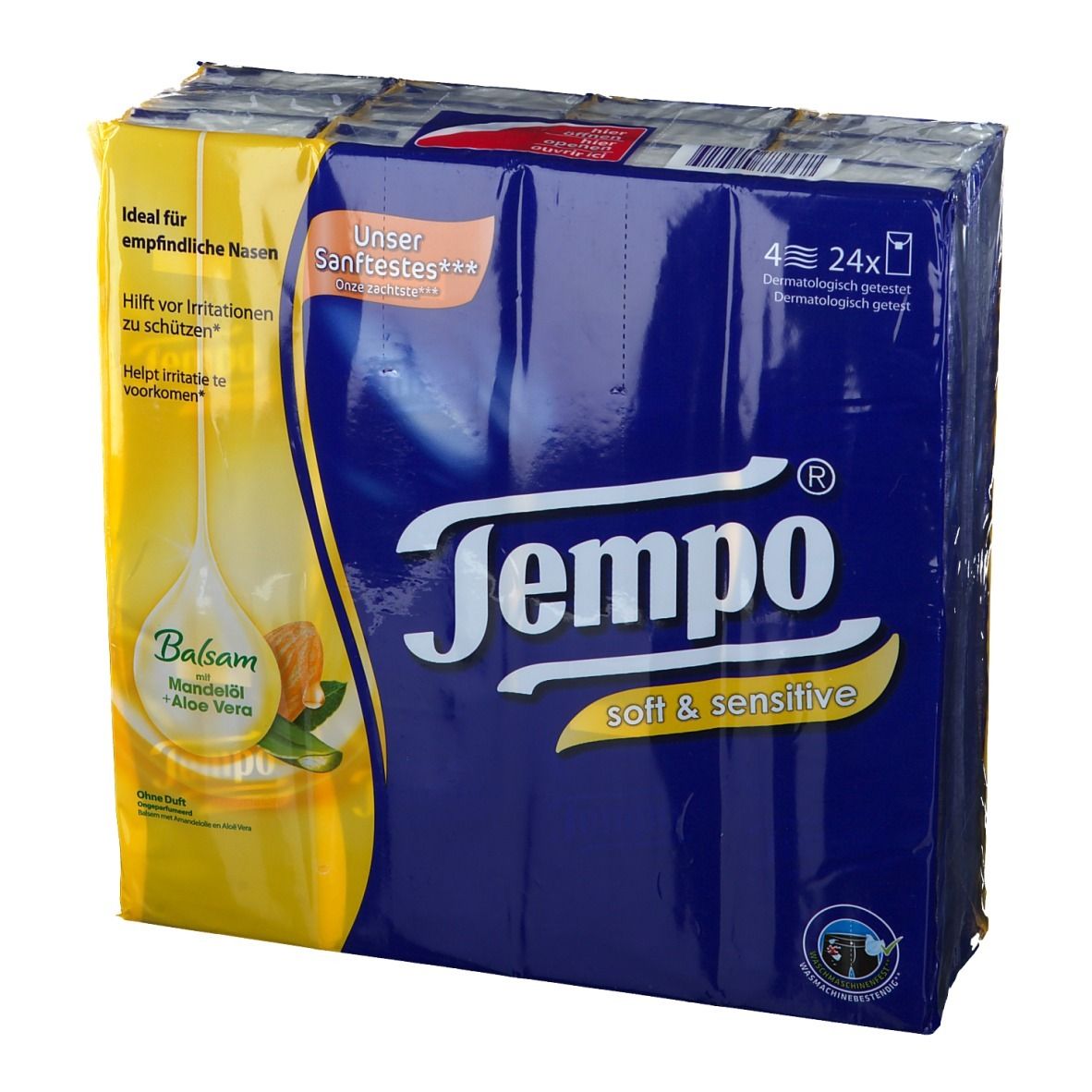 Paquet de mouchoirs Tempo soft & sensitive. Emballage bleu avec des accents jaunes. Contient 4 x 24 mouchoirs.