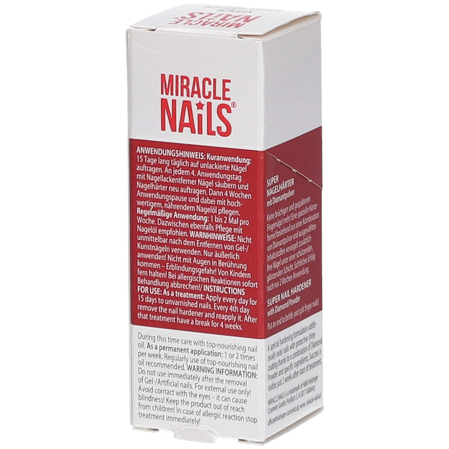 Dos de l'emballage Miracle Nails Super Nagelhärter. Texte avec instructions d'utilisation et ingrédients.