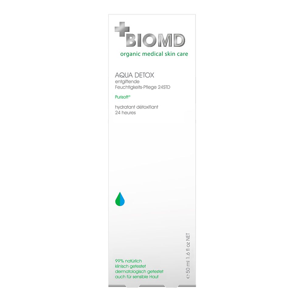 BIOMD Aqua Detox 24H Gesichtscreme. Tube blanche avec goutte bleu-vert. Texte: Aqua Detox, 99% naturel, pour peaux sensibles.