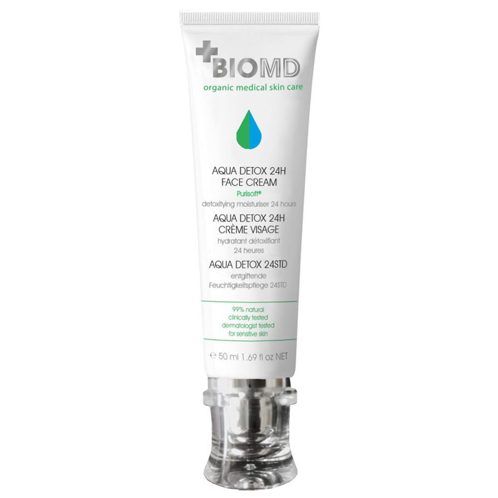 BIOMD Aqua Detox 24H Face Cream. Tube blanche avec bouchon argenté. Texte: Aqua Detox, 99% naturel, testé dermatologiquement.