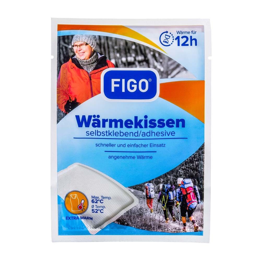Emballage de coussin chauffant FIGO, autocollant. Contient un coussin chauffant. Impression : Chaleur pendant 12h, Max. Temp. 62°C, Extra chaud.