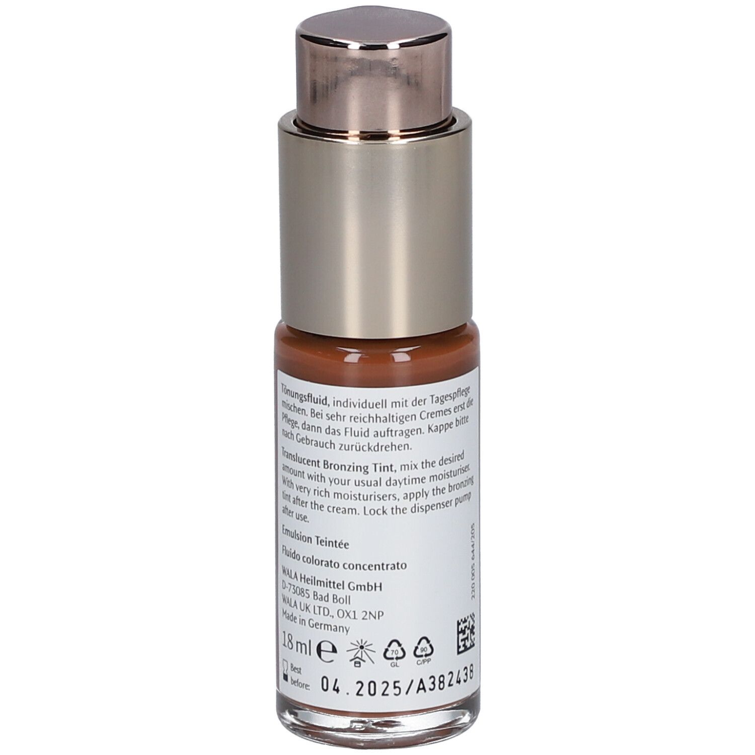 Vue arrière d'un flacon de fluide teinté brun. Inscription : Dr. Hauschka, Tönungsfluid, Translucent Bronzing Tint. Texte et date de péremption.
