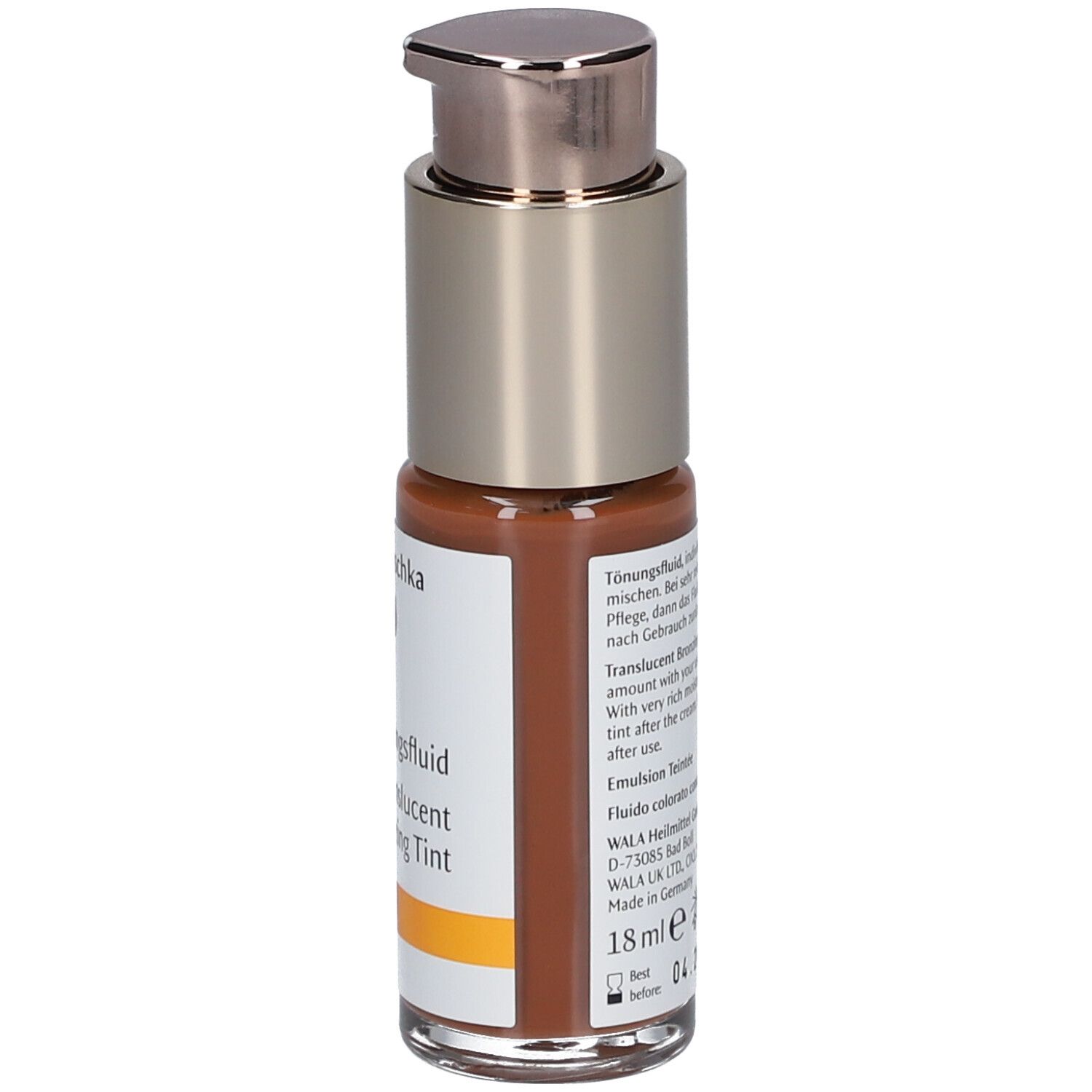 Vue arrière d'un flacon de fluide teinté brun. Inscription : Dr. Hauschka, Tönungsfluid, Translucent Bronzing Tint. Texte et volume.