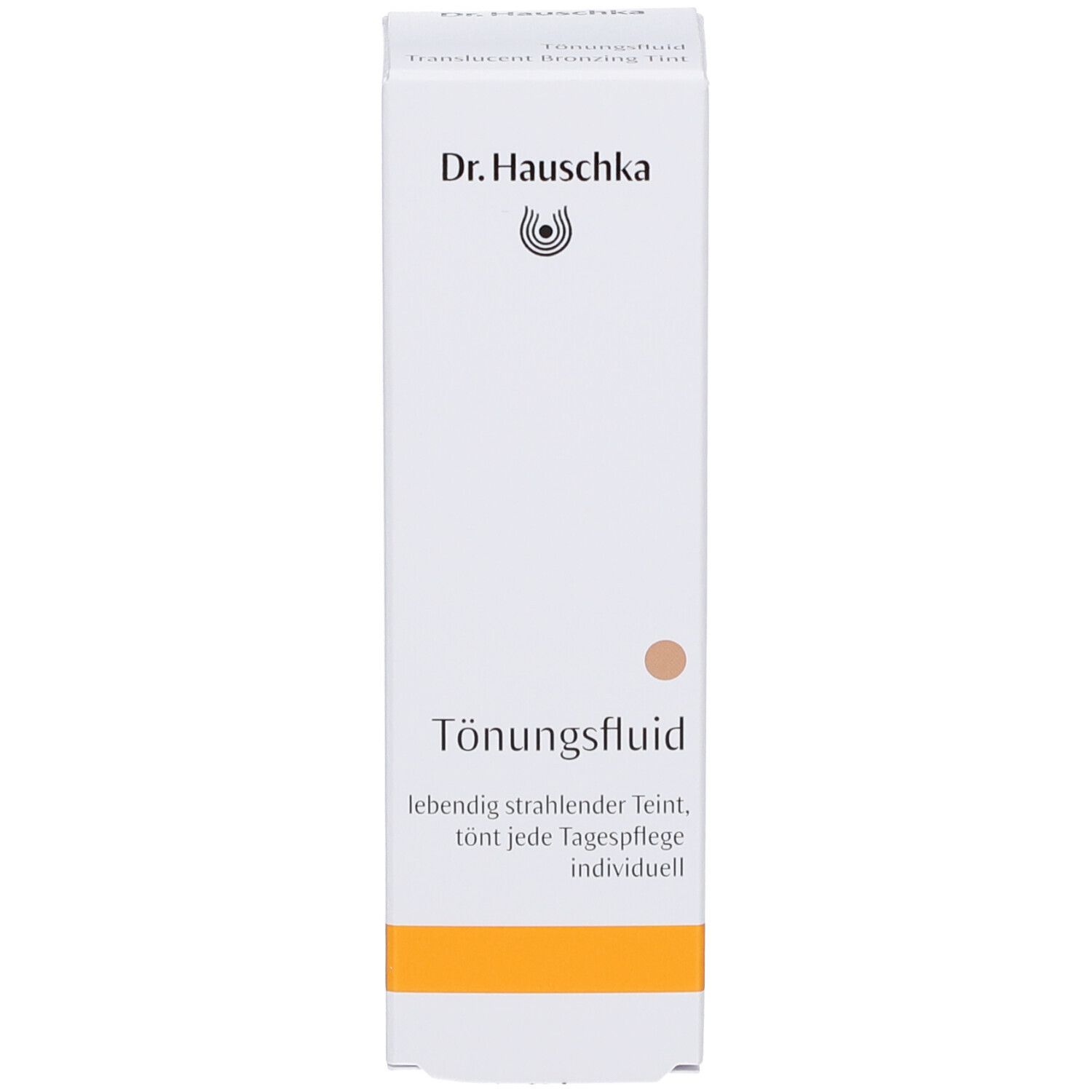 Emballage de fluide teinté. Inscription : Dr. Hauschka, Tönungsfluid, lebendig strahlender Teint, tont jede Tagespflege individuell.