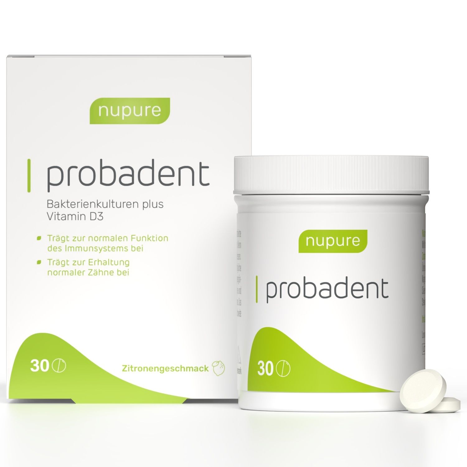 Emballage du produit avec pot et boîte. Impression : « nupure probadent ». 30 comprimés. Avec vitamine D3.