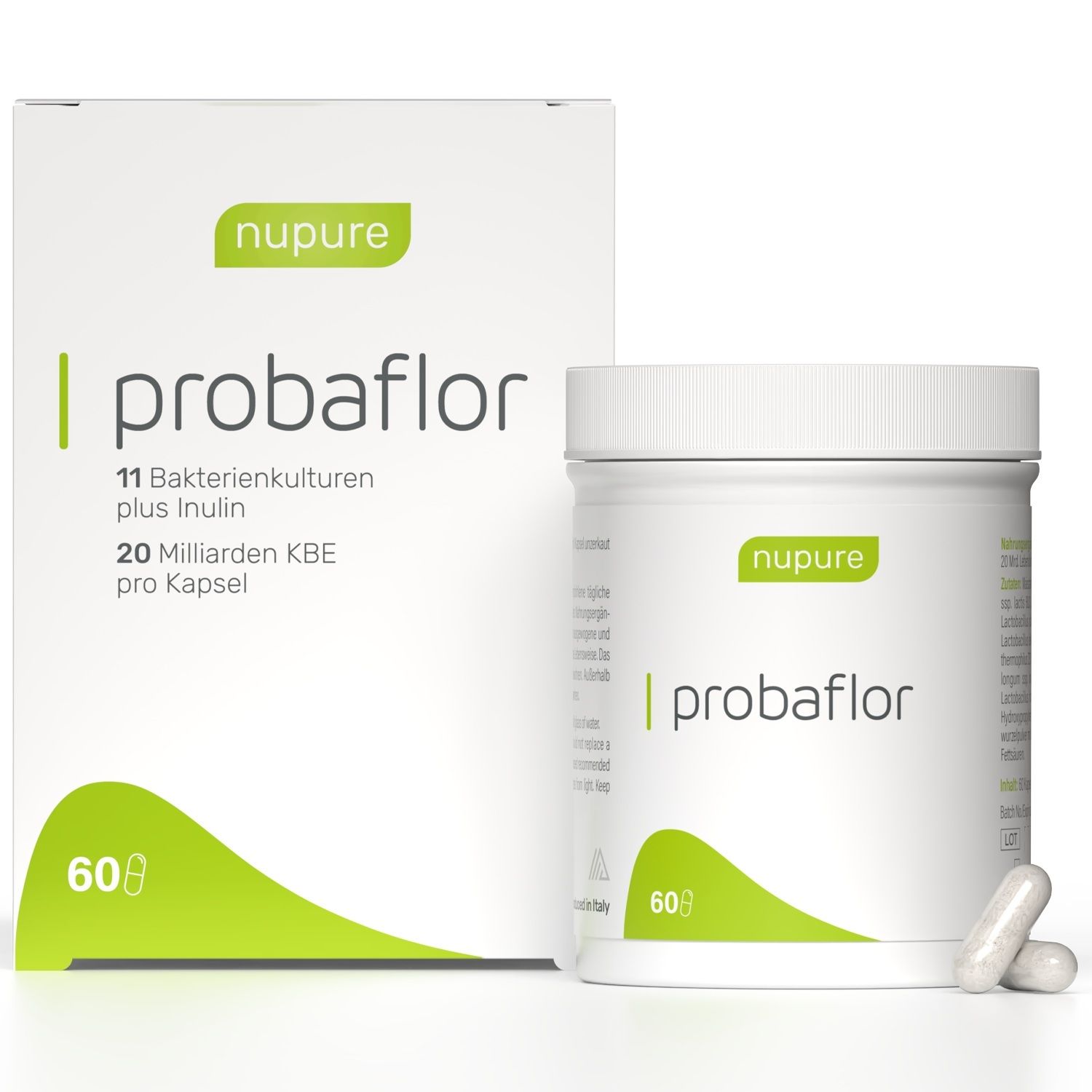 Emballage du produit avec boîte et flacon. Inscription : probaflor, 11 cultures bactériennes plus inuline, 60 gélules.