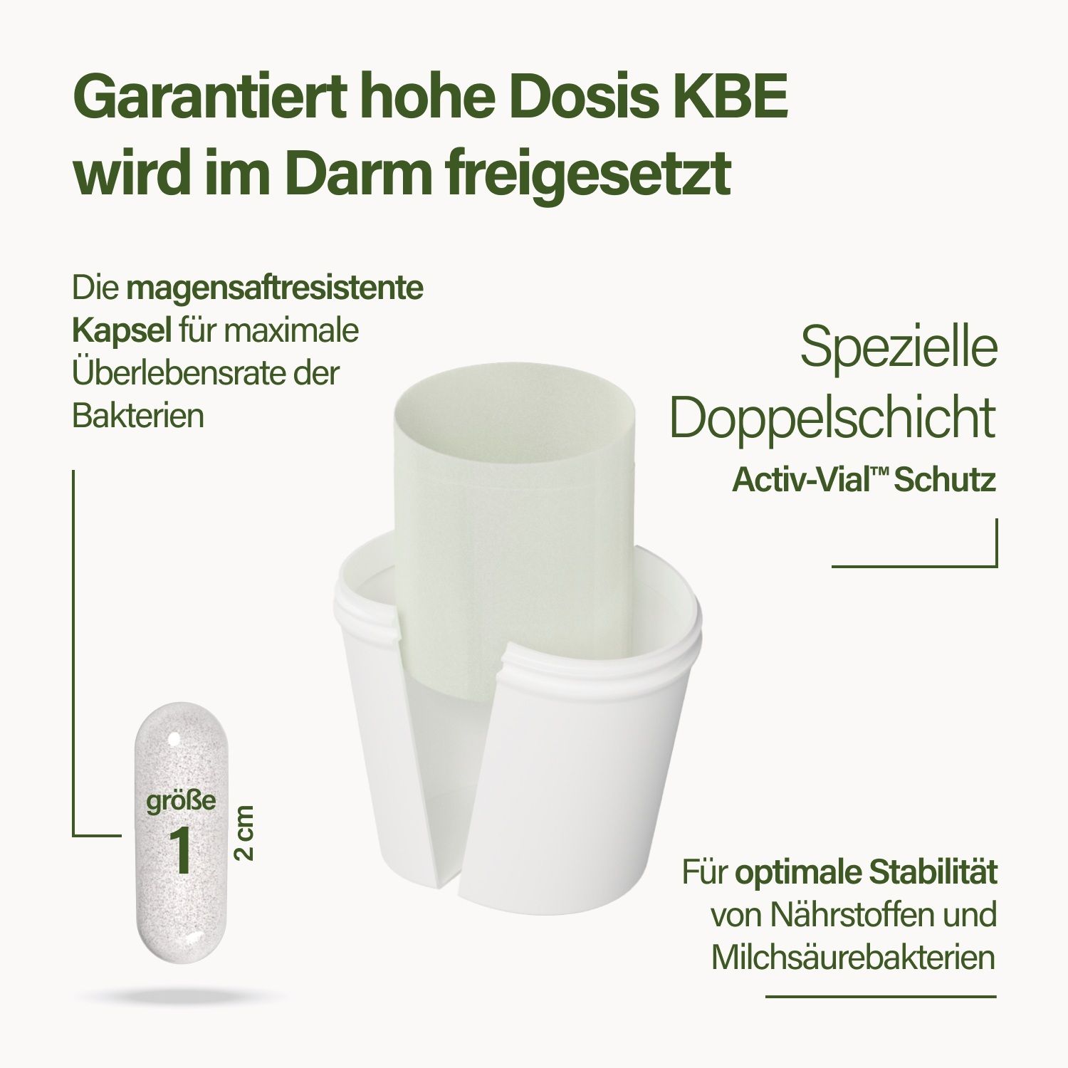 Gélule et récipient. Texte : Une dose élevée garantie d'UFC est libérée dans l'intestin. Protection spéciale double couche Activ-Vial.