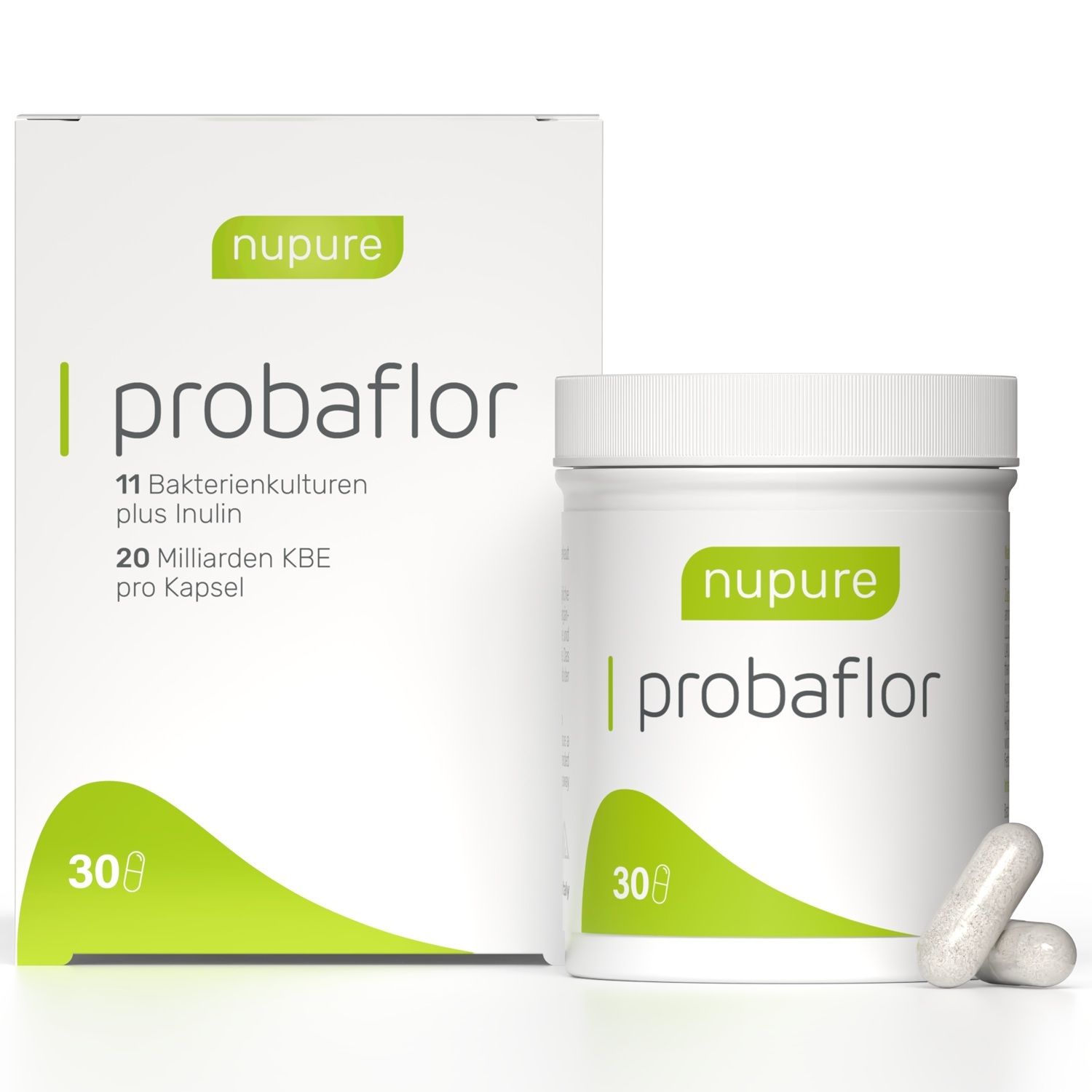 Emballage du produit avec boîte et pot. Inscription : nupure probaflor, 30 gélules. Deux gélules à côté.