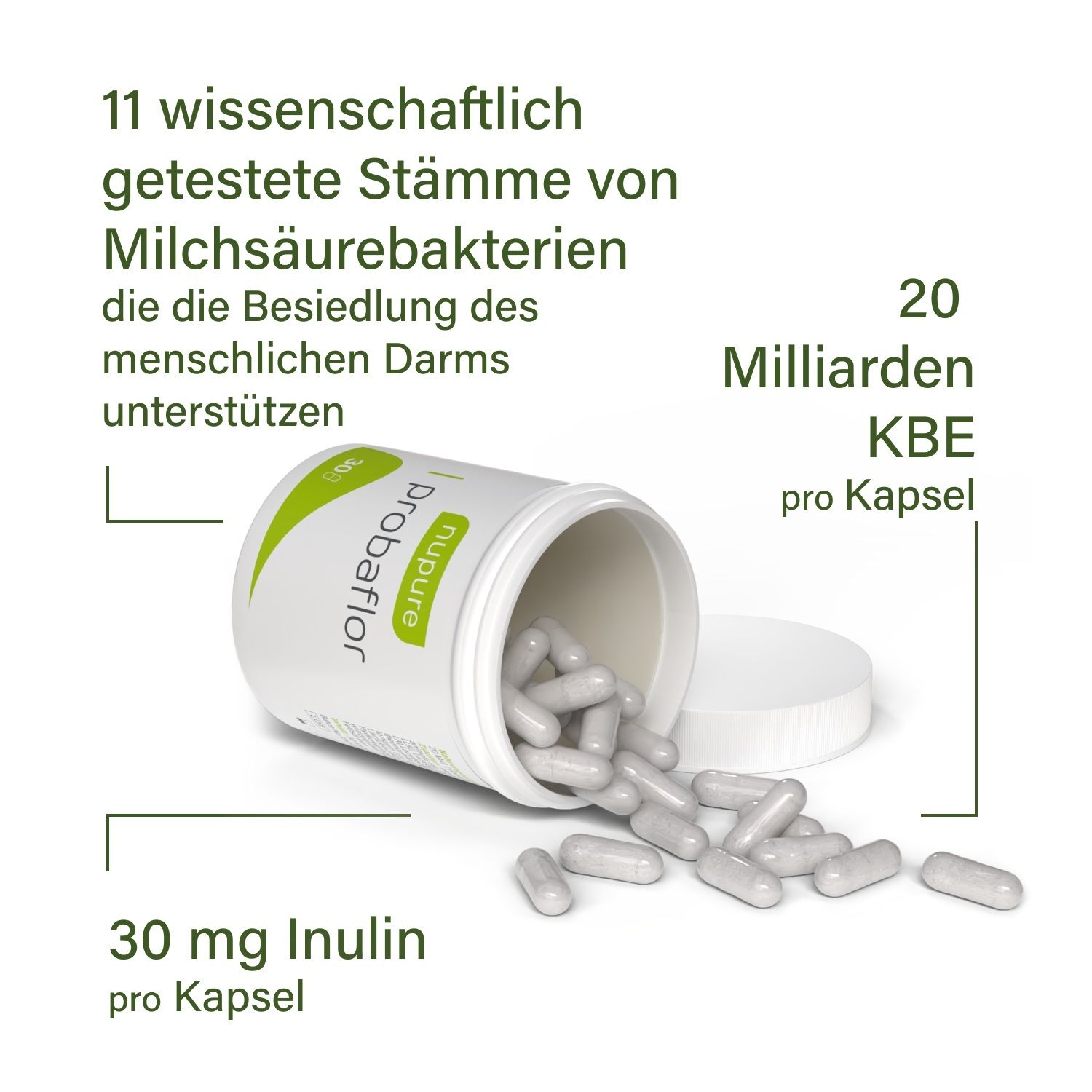 Pot ouvert avec gélules. Texte : 11 souches testées scientifiquement. 20 milliards d'UFC par gélule. 30 mg d'inuline.