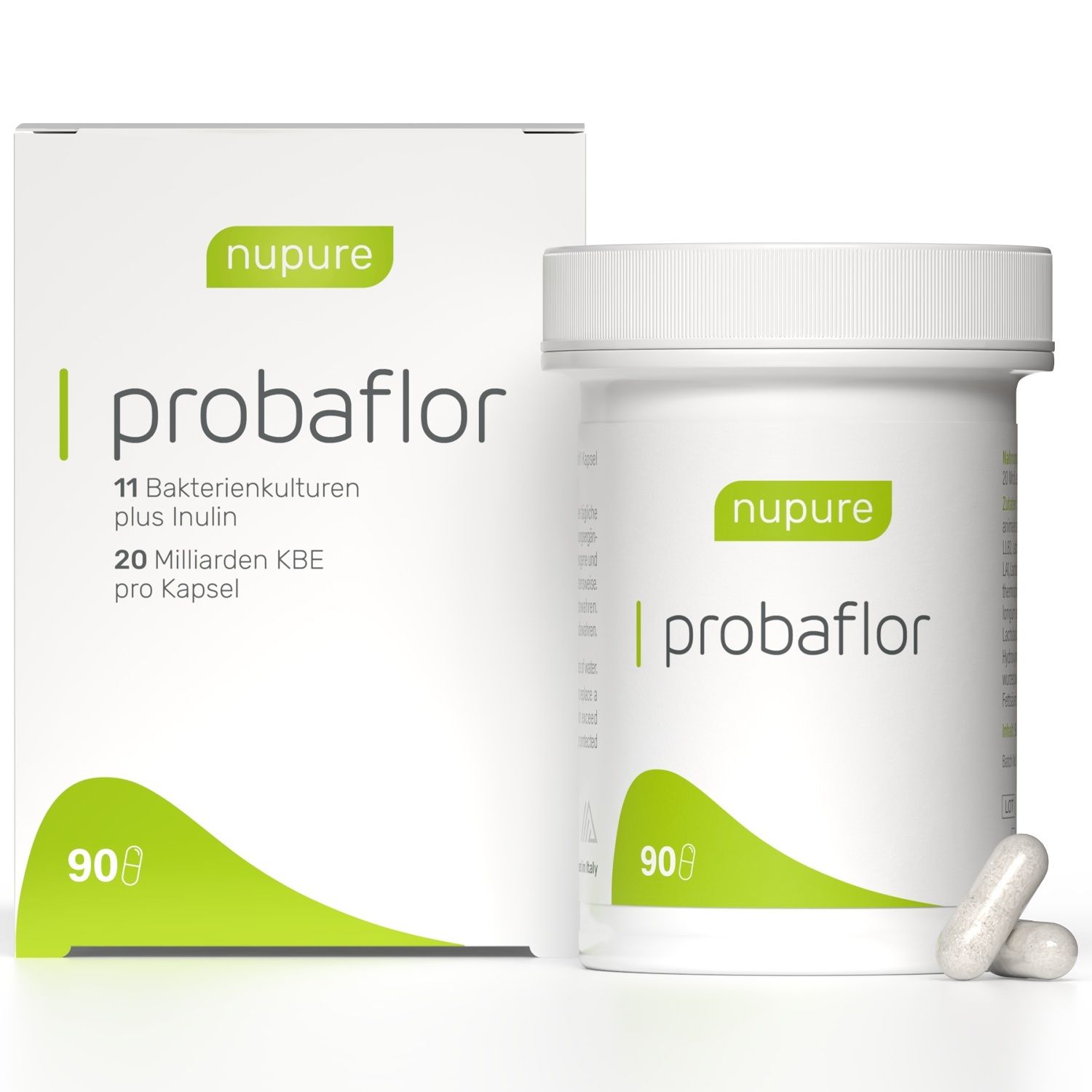 Emballage avec boîte et flacon. probaflor. 11 cultures bactériennes plus inuline. 90 gélules.