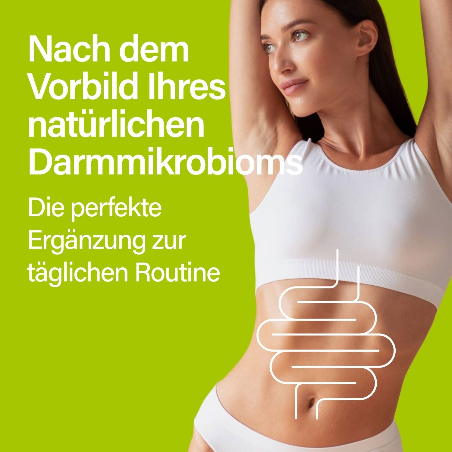 Femme avec ventre. Texte : Sur le modèle de votre microbiote intestinal naturel. Le complément parfait.