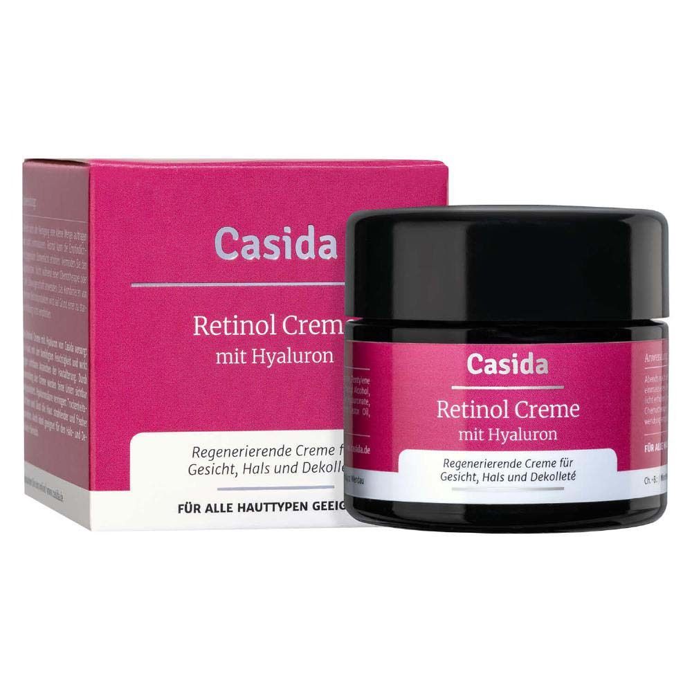 Pot et boîte de crème. Inscription : Casida Retinol Creme mit Hyaluron. Convient à tous les types de peau.