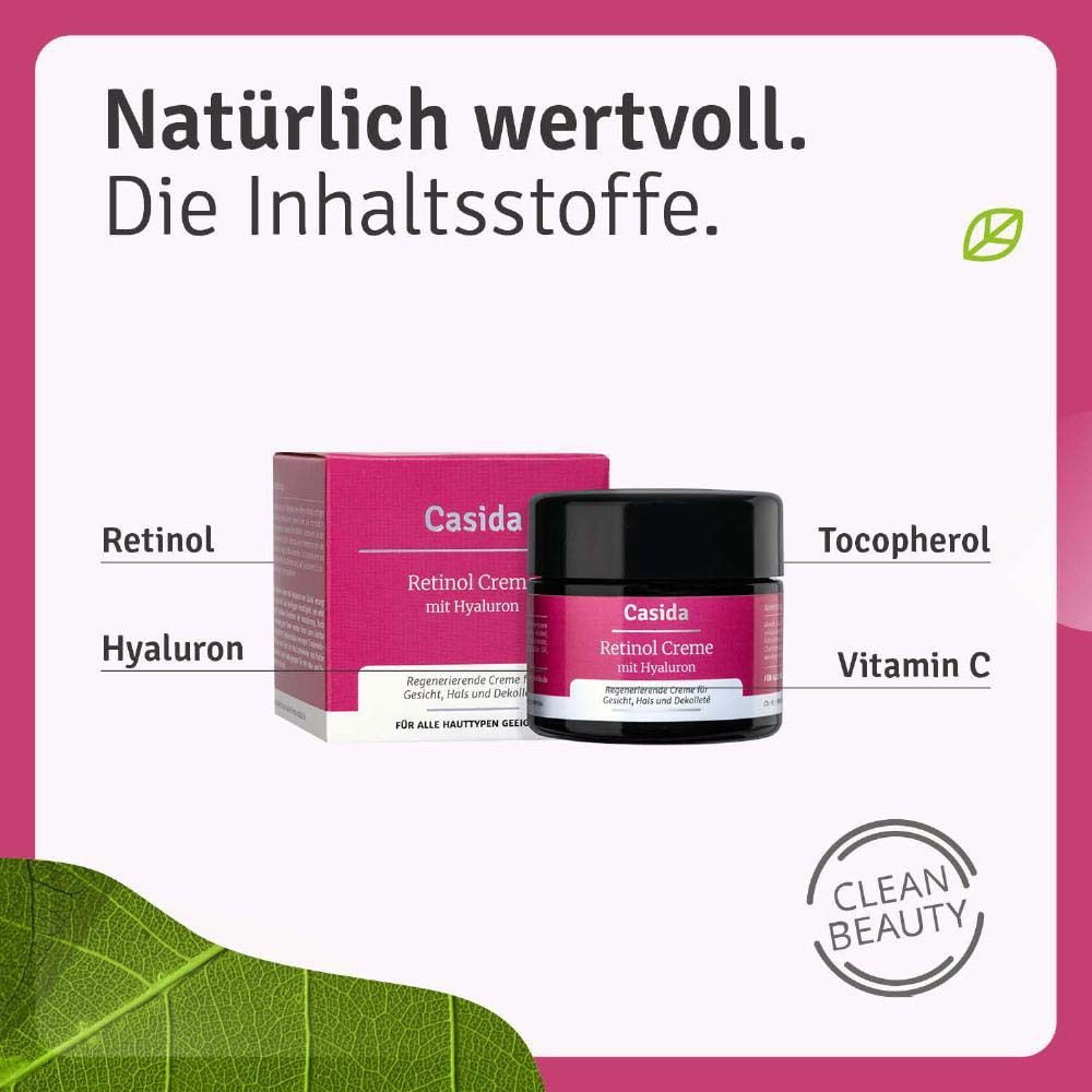 Produit et ingrédients. Casida Retinol Creme mit Hyaluron. Ingrédients : Rétinol, Hyaluron, Tocophérol, Vitamine C.