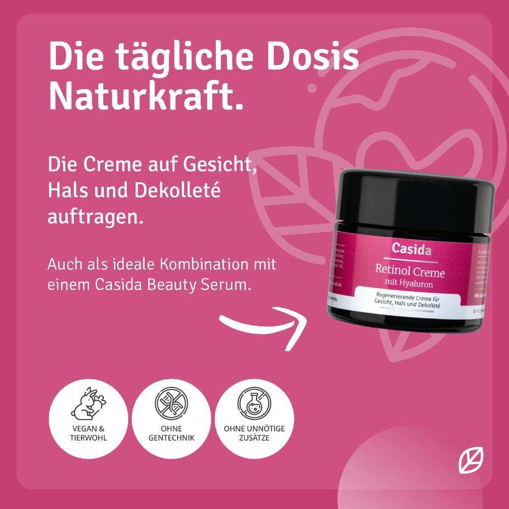 Produit et texte. Casida Retinol Creme mit Hyaluron. Appliquer sur le visage, le cou et le décolleté. Vegan & bien-être animal.