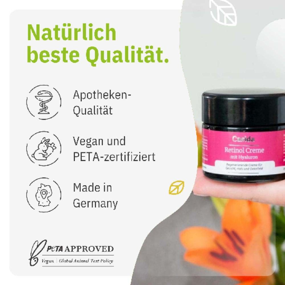 Produit et texte. Casida Retinol Creme mit Hyaluron. Qualité pharmacie, végétalien et certifié PETA, Fabriqué en Allemagne.