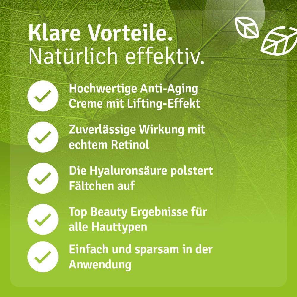 Produit et texte. Casida Retinol Creme mit Hyaluron. Crème anti-âge de haute qualité avec effet lifting. Pour tous types de peau.
