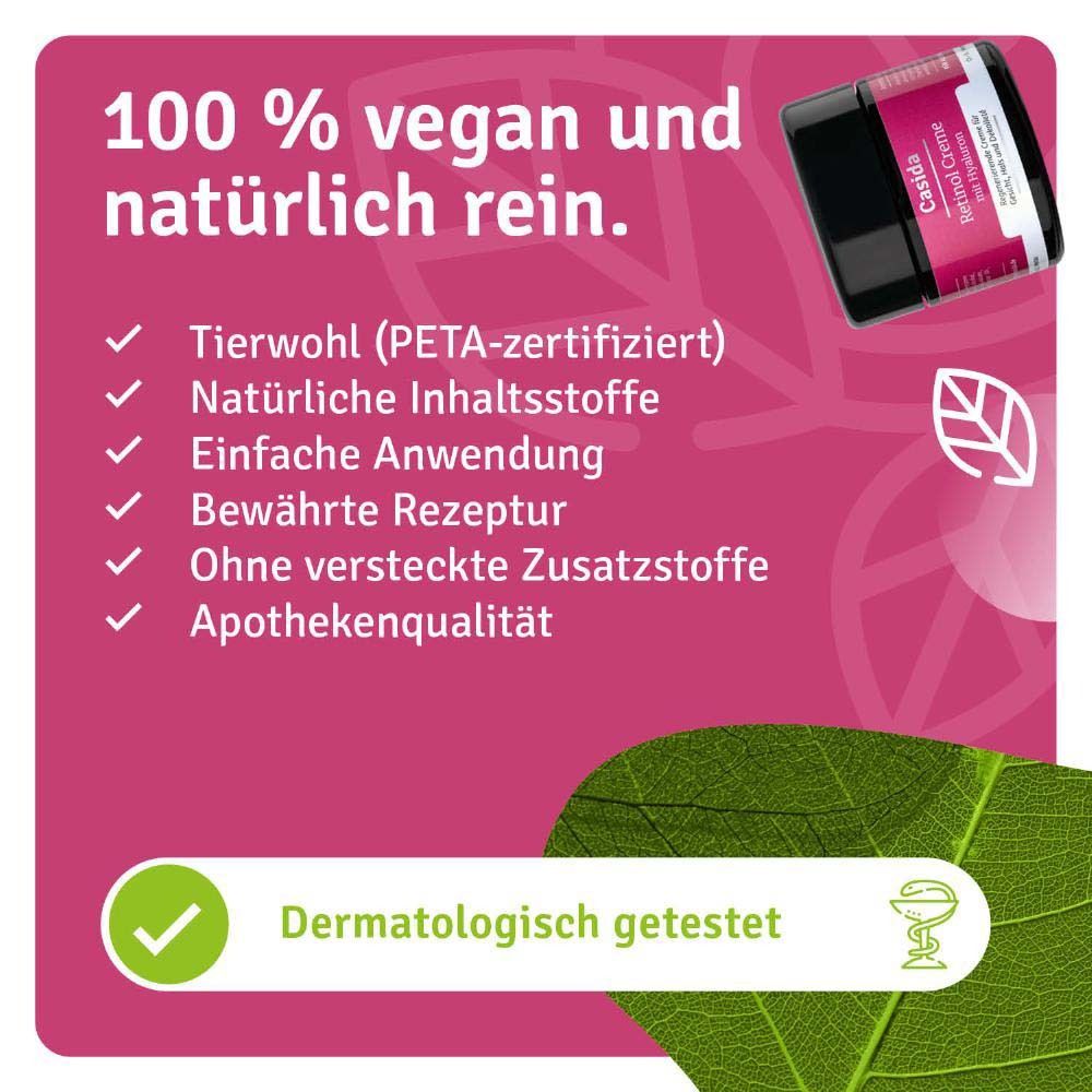 Produit et texte. Casida Retinol Creme mit Hyaluron. 100% végétalien et naturellement pur. Testé dermatologiquement.
