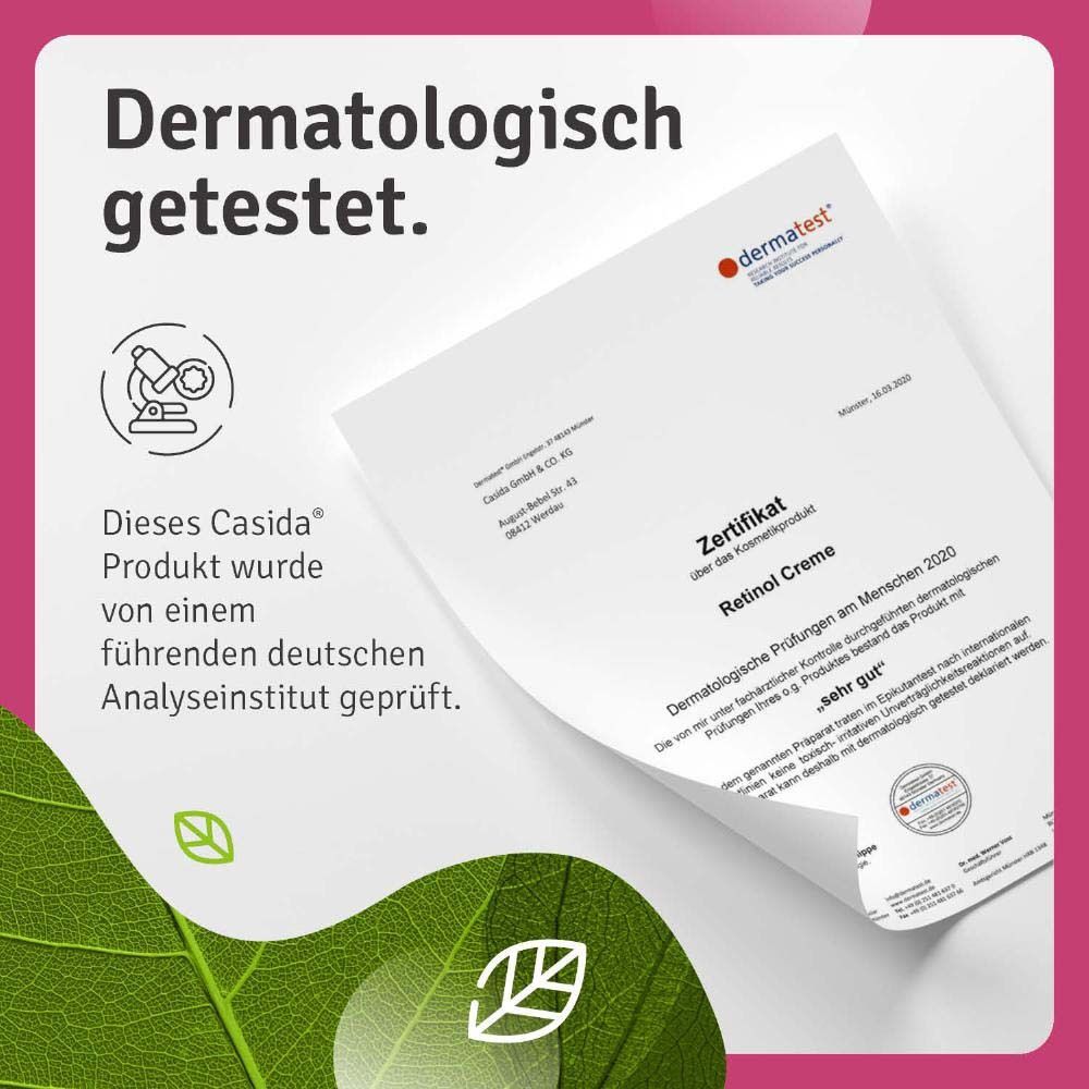 Certificat. Testé dermatologiquement. Produit Casida testé par un institut d'analyse allemand. Résultat : très bon.