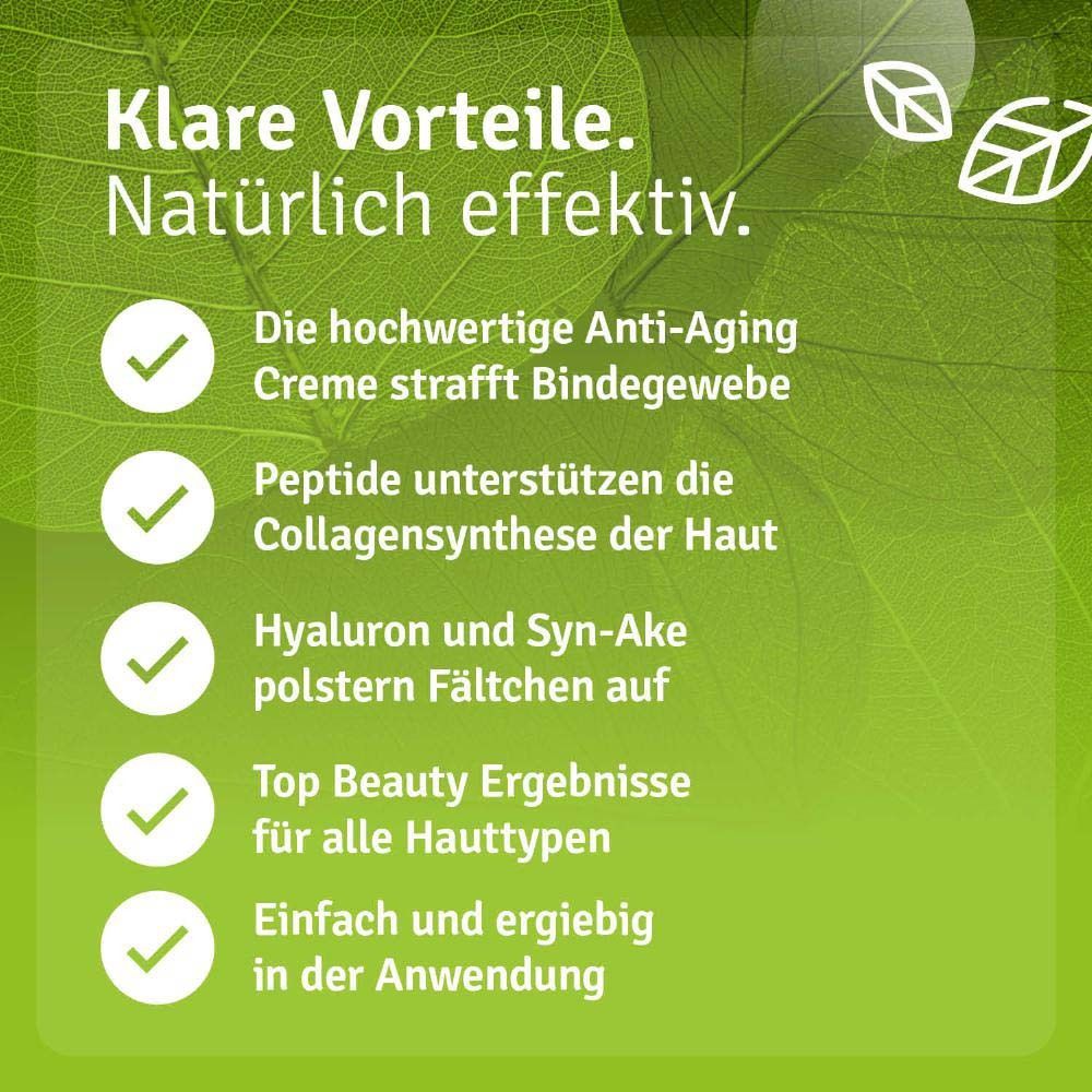 Texte : Avantages clairs. Naturellement efficace. La crème anti-âge raffermit le tissu conjonctif. L'acide hyaluronique repulpe.