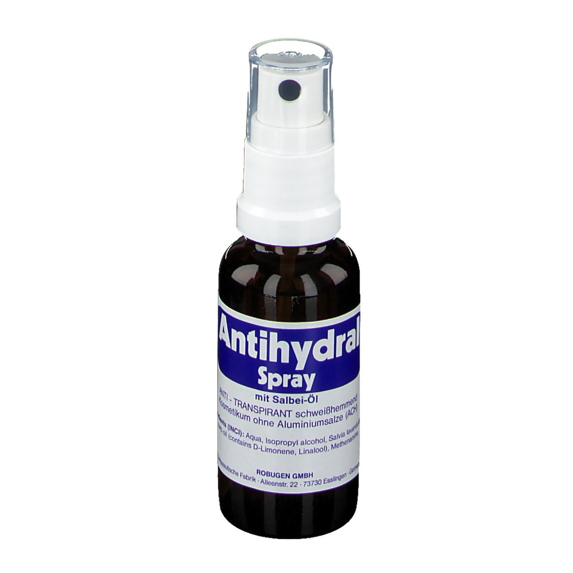 Flacon pulvérisateur brun avec tête blanche. Inscription : Antihydral Spray, avec huile de sauge.