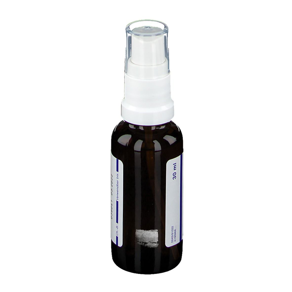 Flacon pulvérisateur brun avec tête blanche. Autocollant avec informations et 30 ml.