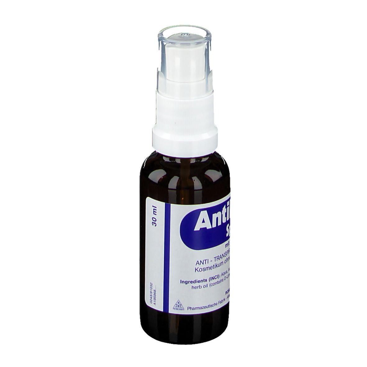 Flacon pulvérisateur brun avec tête blanche. Inscription : Antihydral Spray, 30 ml.