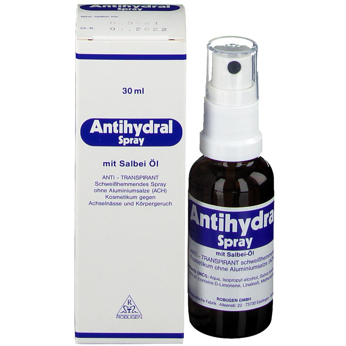 Emballage et flacon pulvérisateur. Emballage avec inscription : Antihydral Spray, avec huile de sauge.
