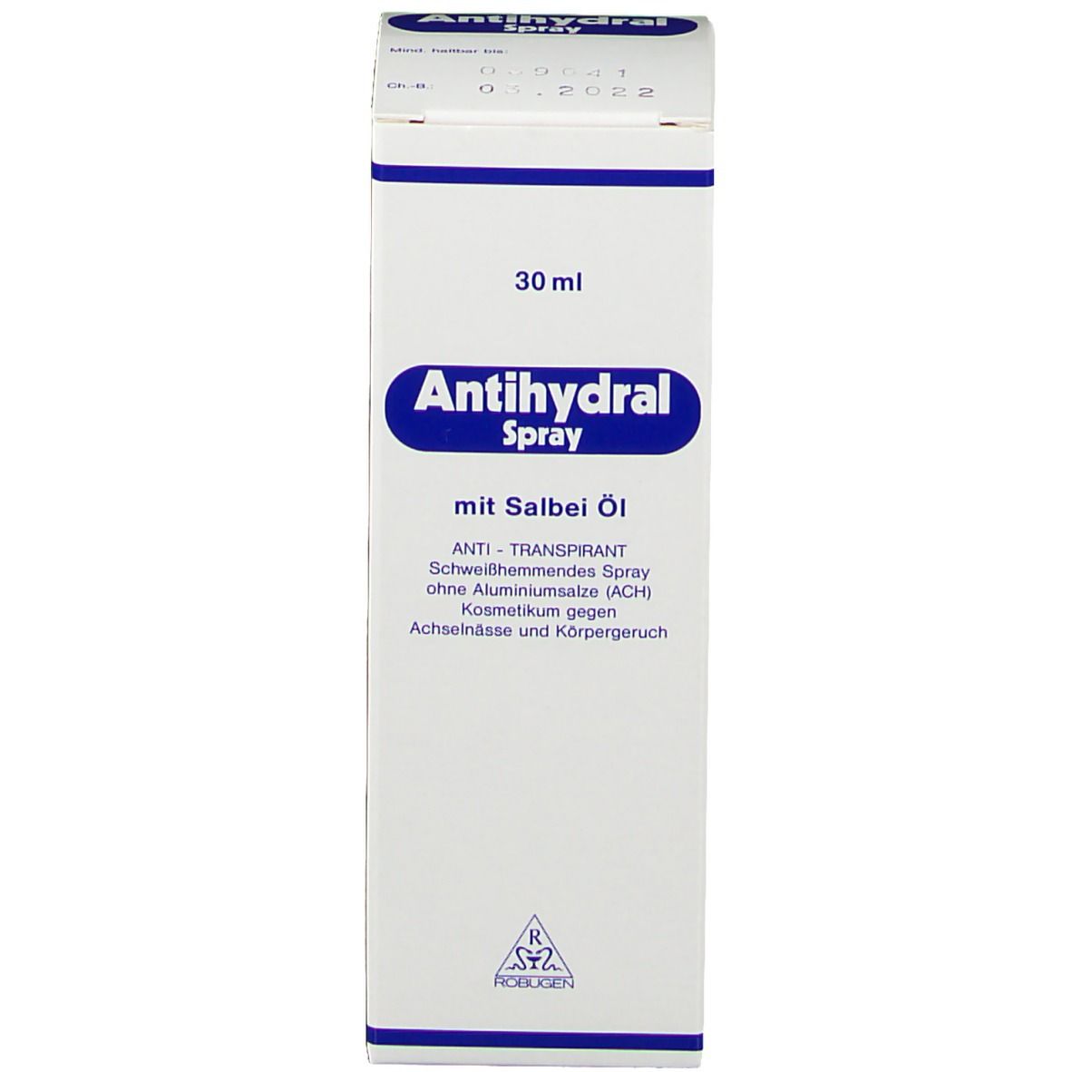 Emballage du produit. Inscription : Antihydral Spray, avec huile de sauge. 30 ml.