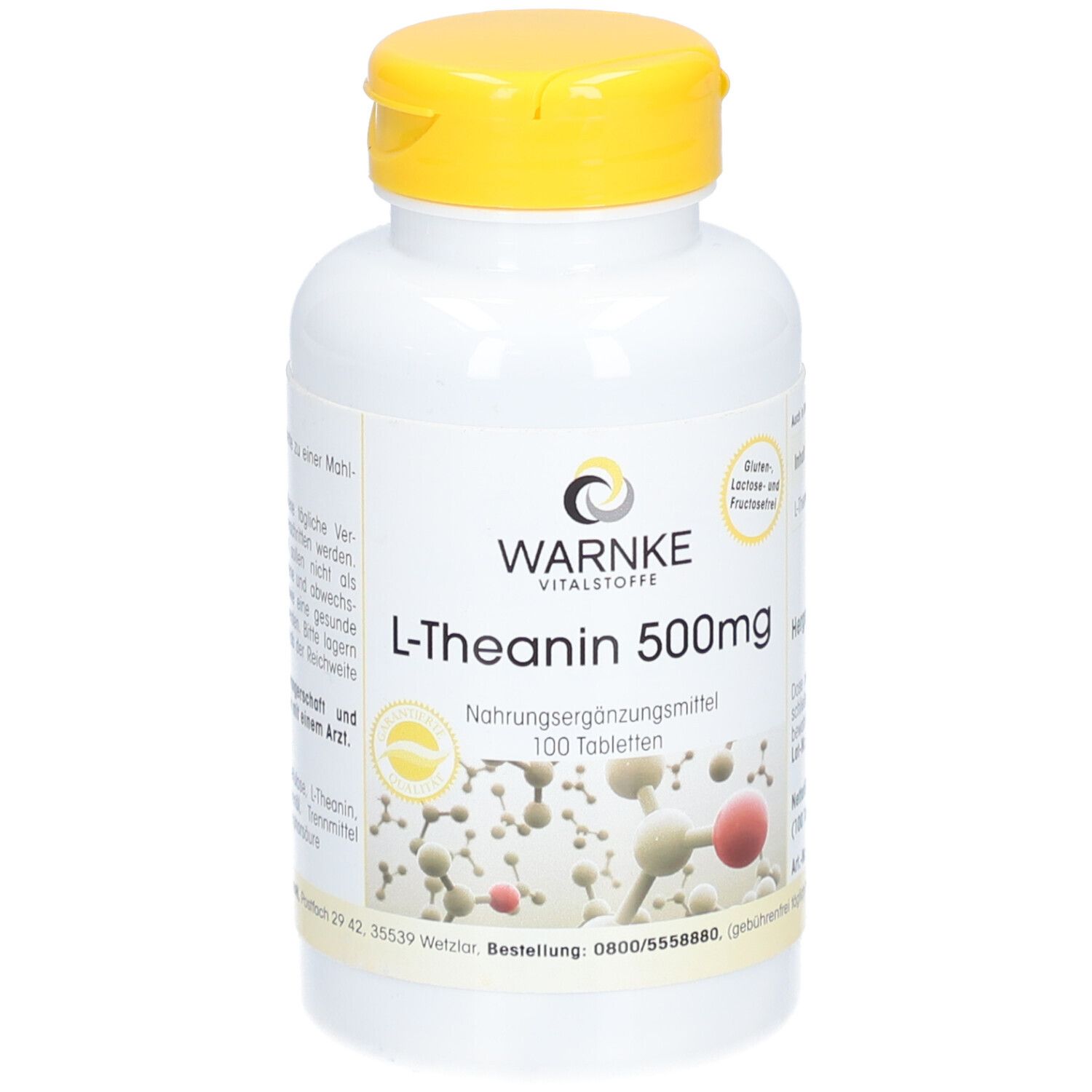 Flacon blanc à bouchon jaune. Inscription: WARNKE, L-Théanine 500mg, 100 comprimés. Complément alimentaire.