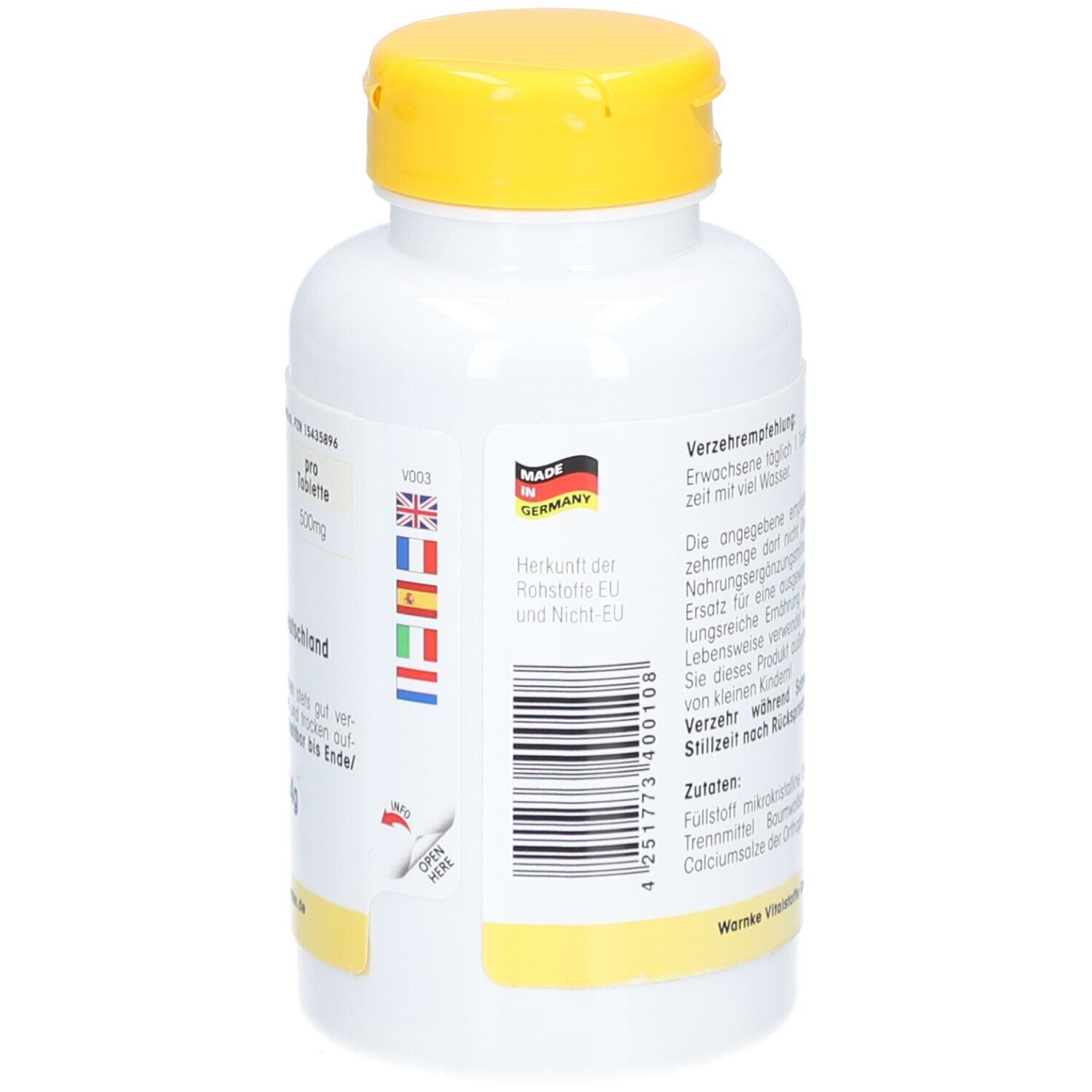 Dos du flacon blanc à bouchon jaune. Texte, code-barres, origine: Fabriqué en Allemagne, drapeaux.