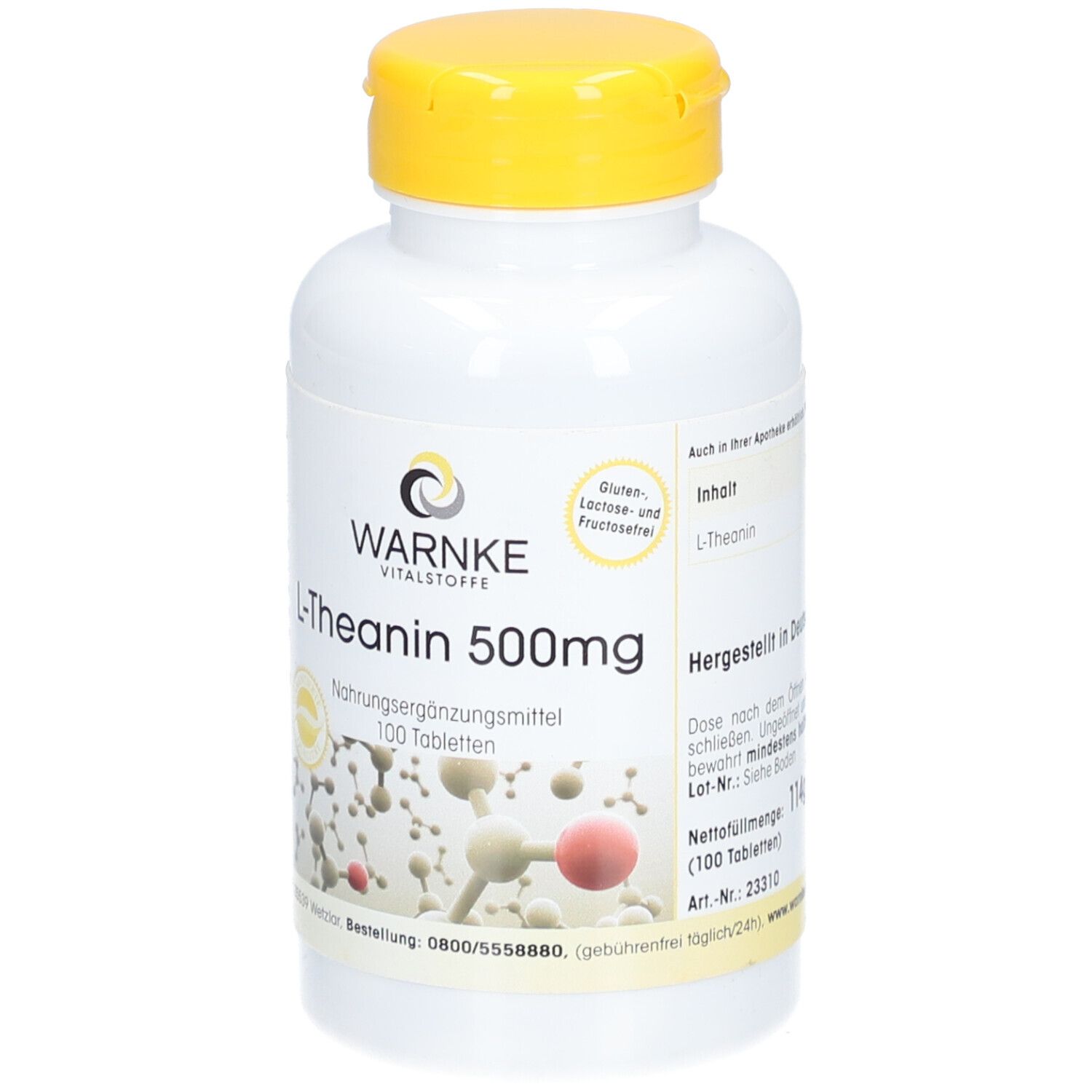 Flacon blanc à bouchon jaune. Inscription: WARNKE, L-Théanine 500mg, 100 comprimés. Sans gluten et lactose.