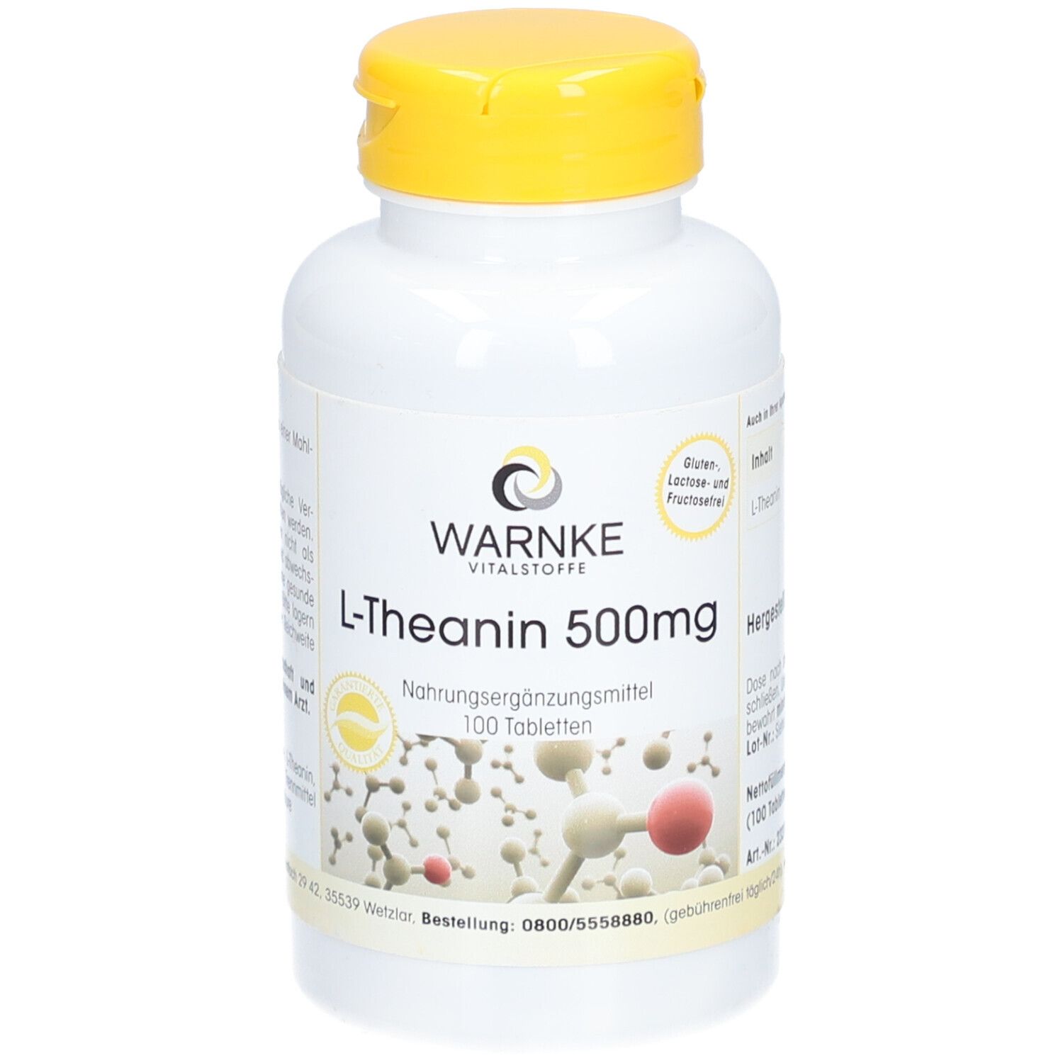 Flacon blanc à bouchon jaune. Inscription: WARNKE, L-Théanine 500mg, 100 comprimés. Complément alimentaire.