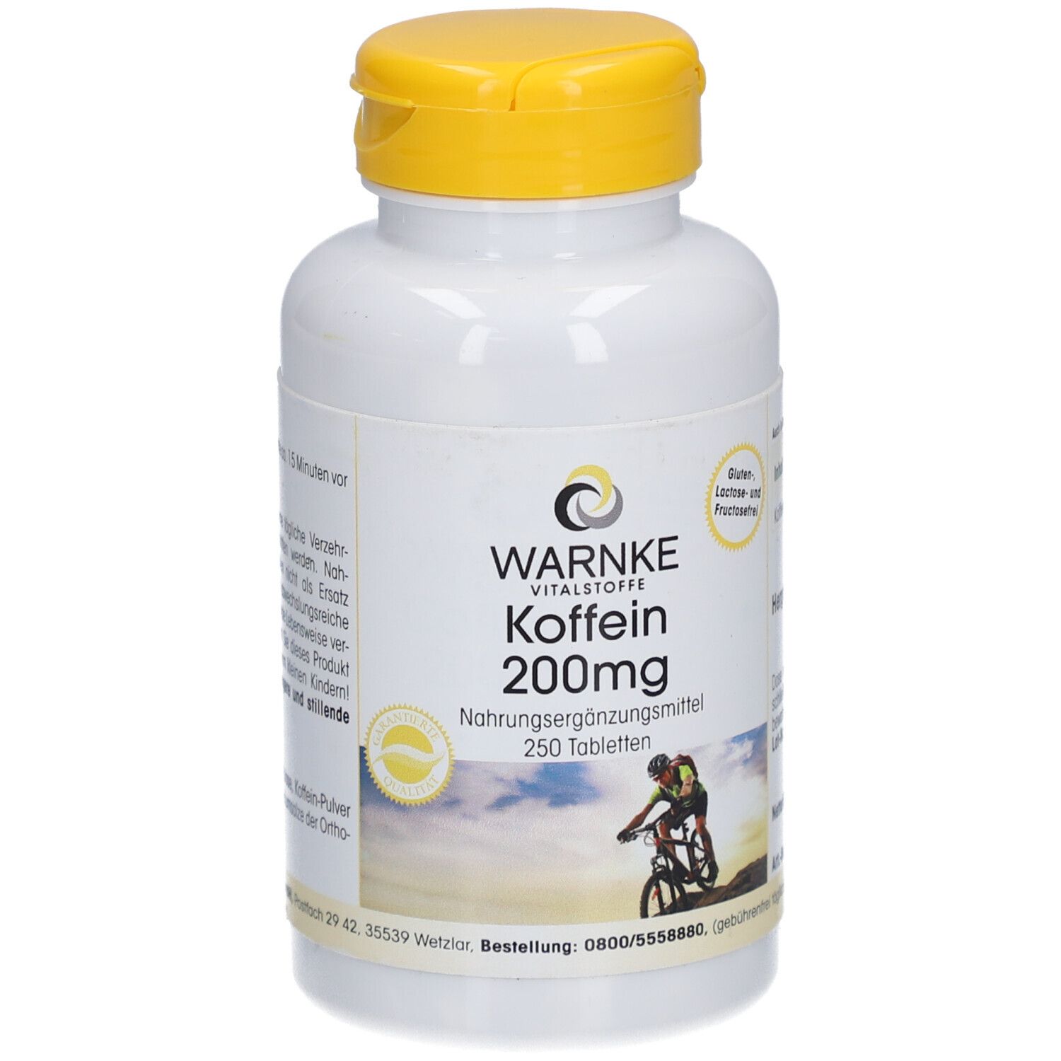 Flacon blanc à bouchon jaune. Inscription: WARNKE Koffein 200mg. 250 comprimés. Illustration d'un cycliste.