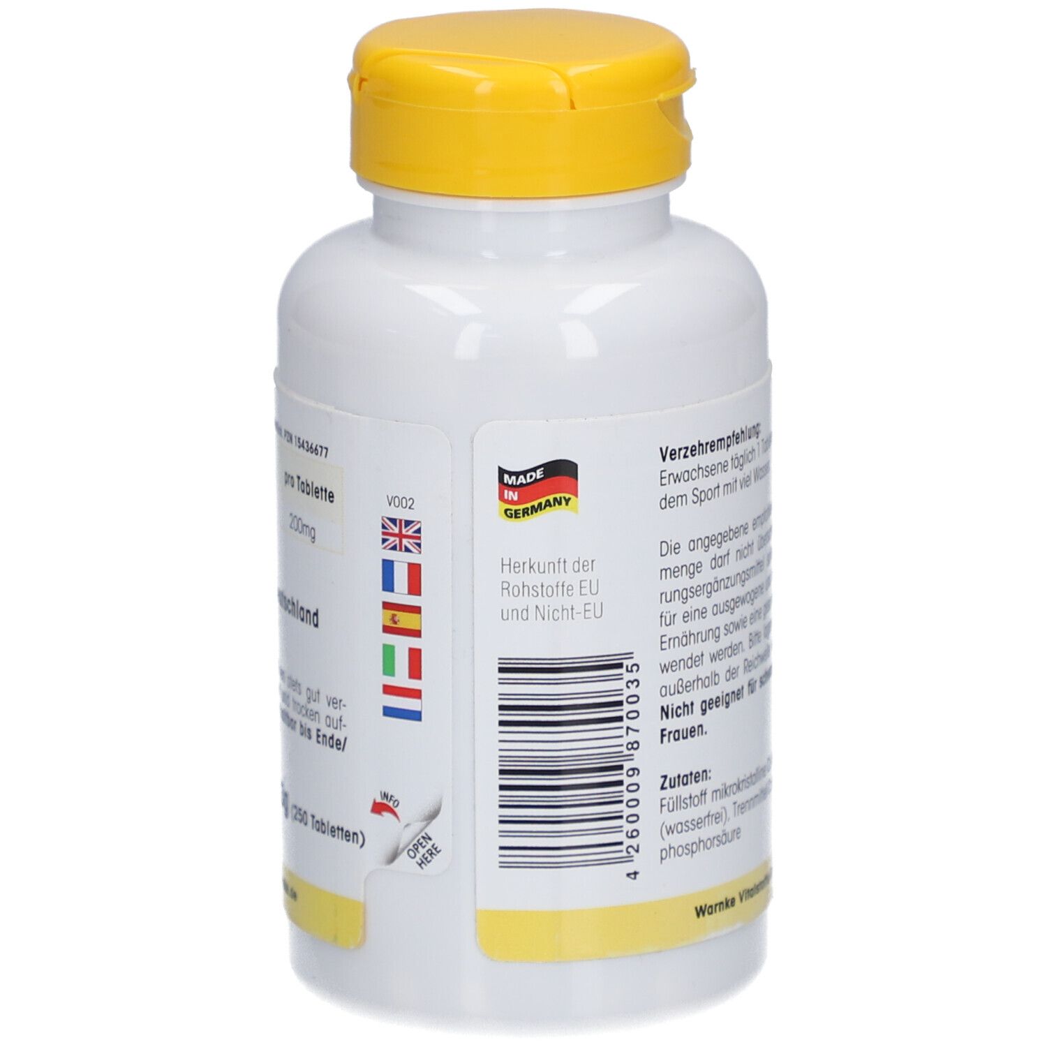 Dos du flacon blanc à bouchon jaune. Texte, Fabriqué en Allemagne. Code-barres et drapeaux.